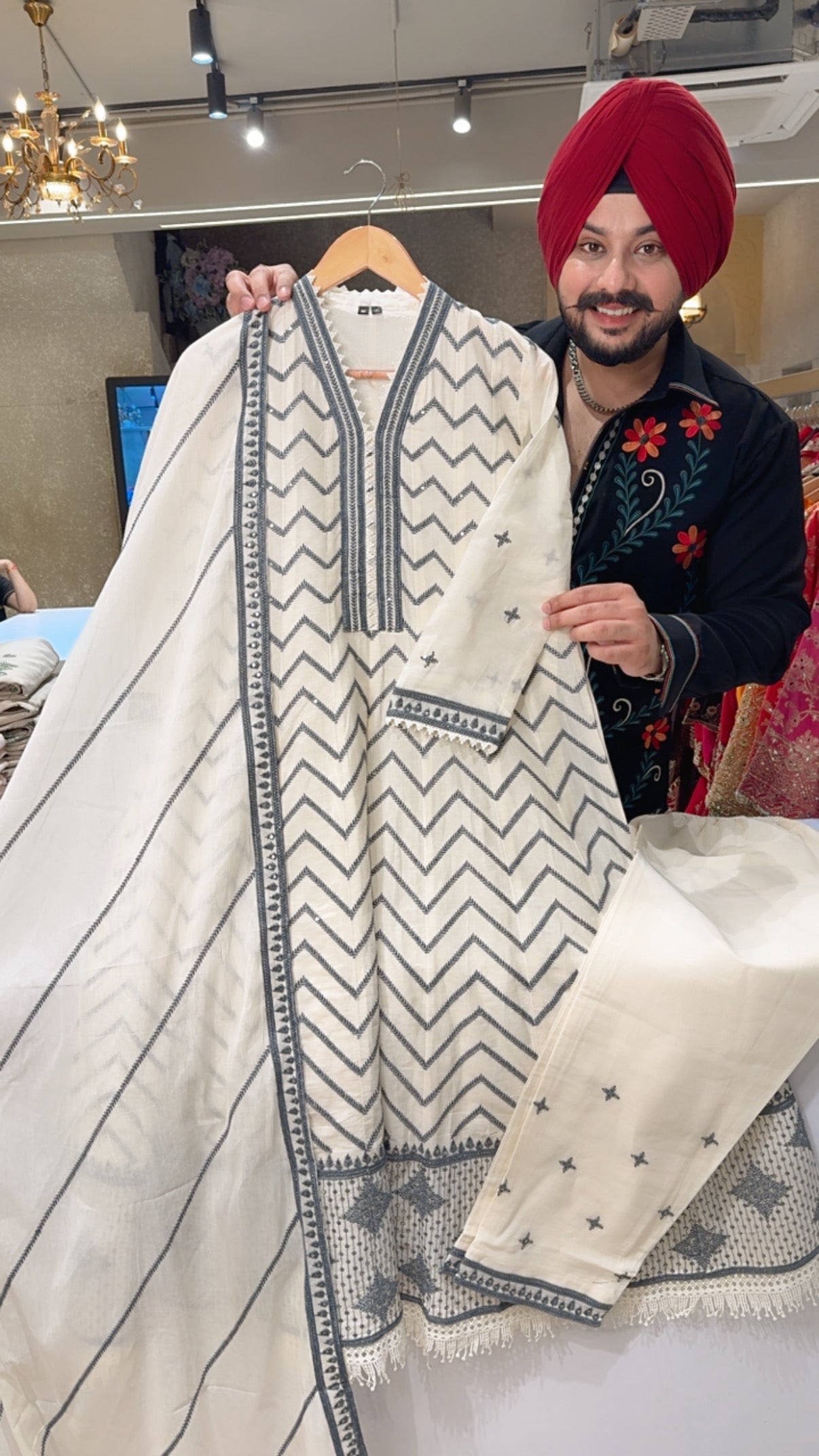 Off white & Grey Premium Kora Cotton Fully Embroidered Full Flair Anarkali Suit with With Beautiful Duppata