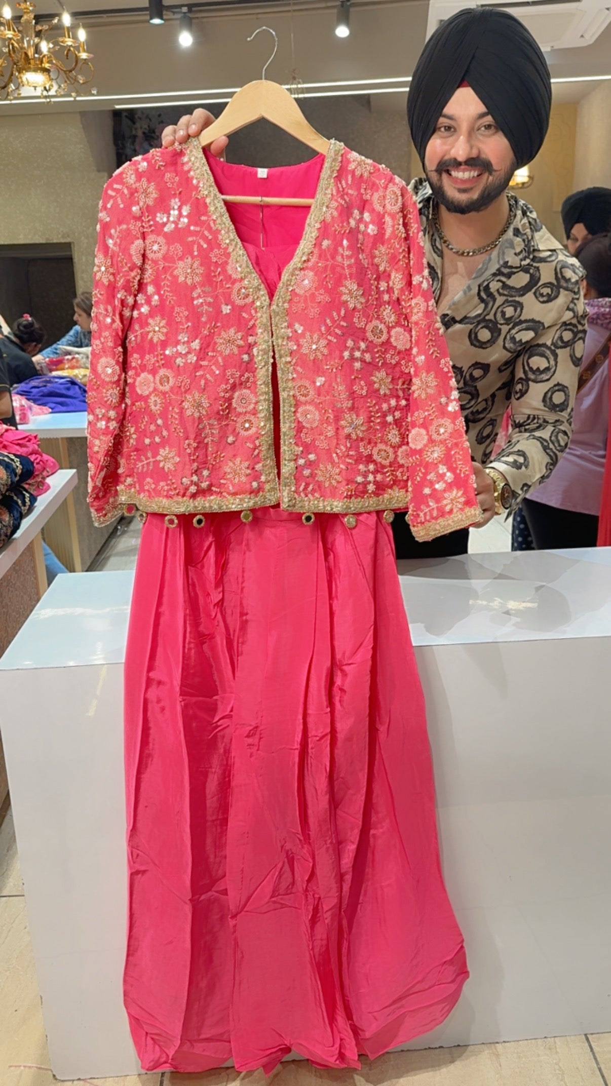 Pink Crepe Drape Crop Set with Heavy Hand embroidered Short Jacket & Potli
