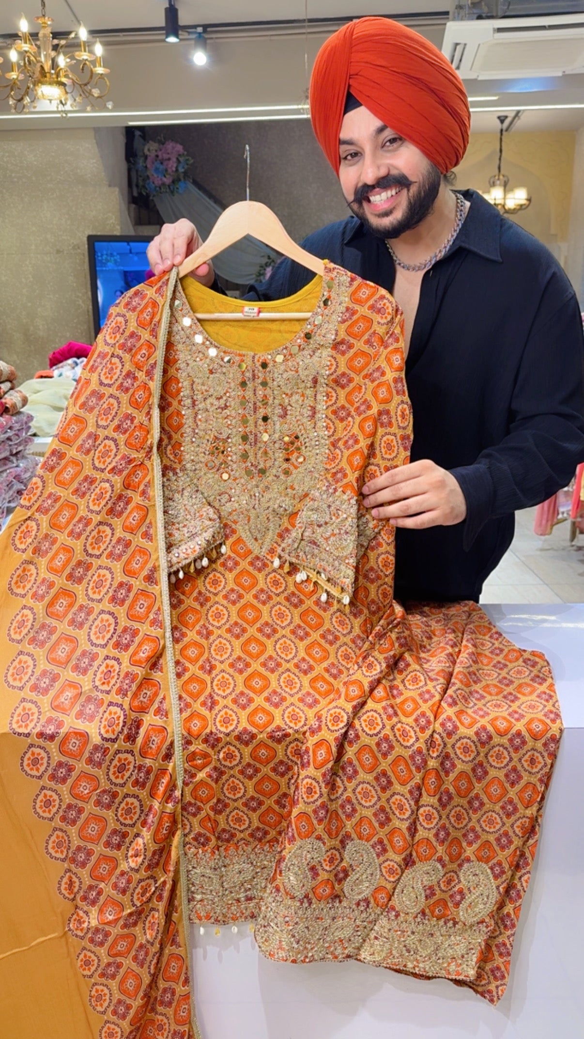 Yellow & Orange Chinon Heavy Embroidered Party wear Plazo suit