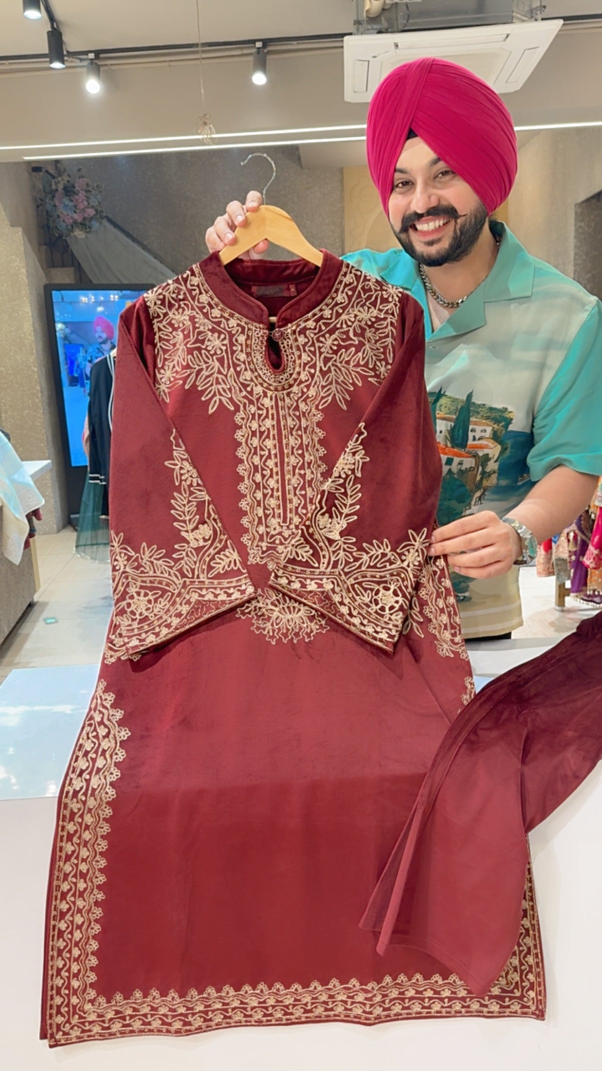 Maroon Stretchable Premium Velvet Heavy Embroidered Kashmiri Long Length Coord set