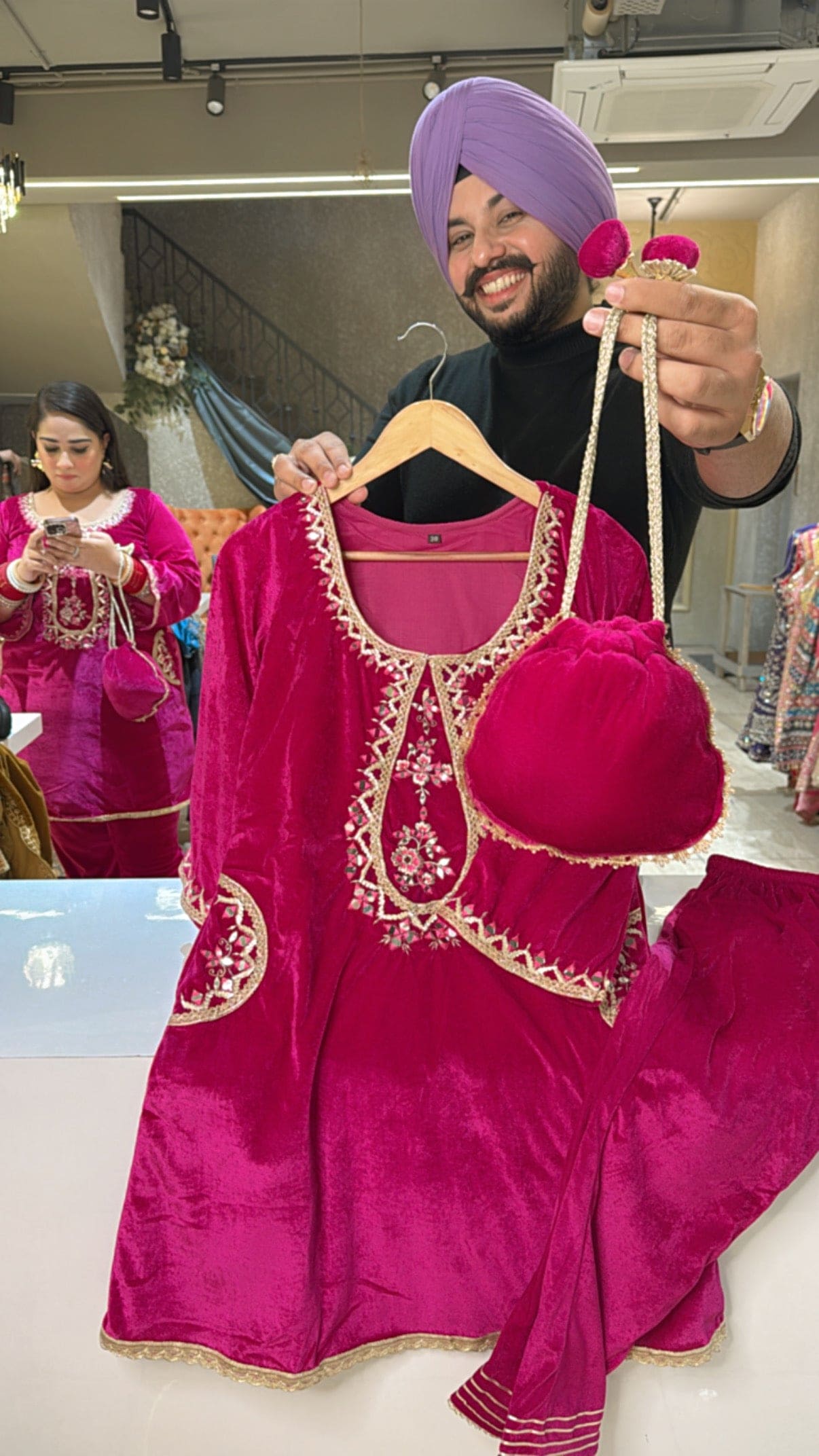 Rani pink Velvet Mirror Embroidered Indowestern Western Coord set with Potli