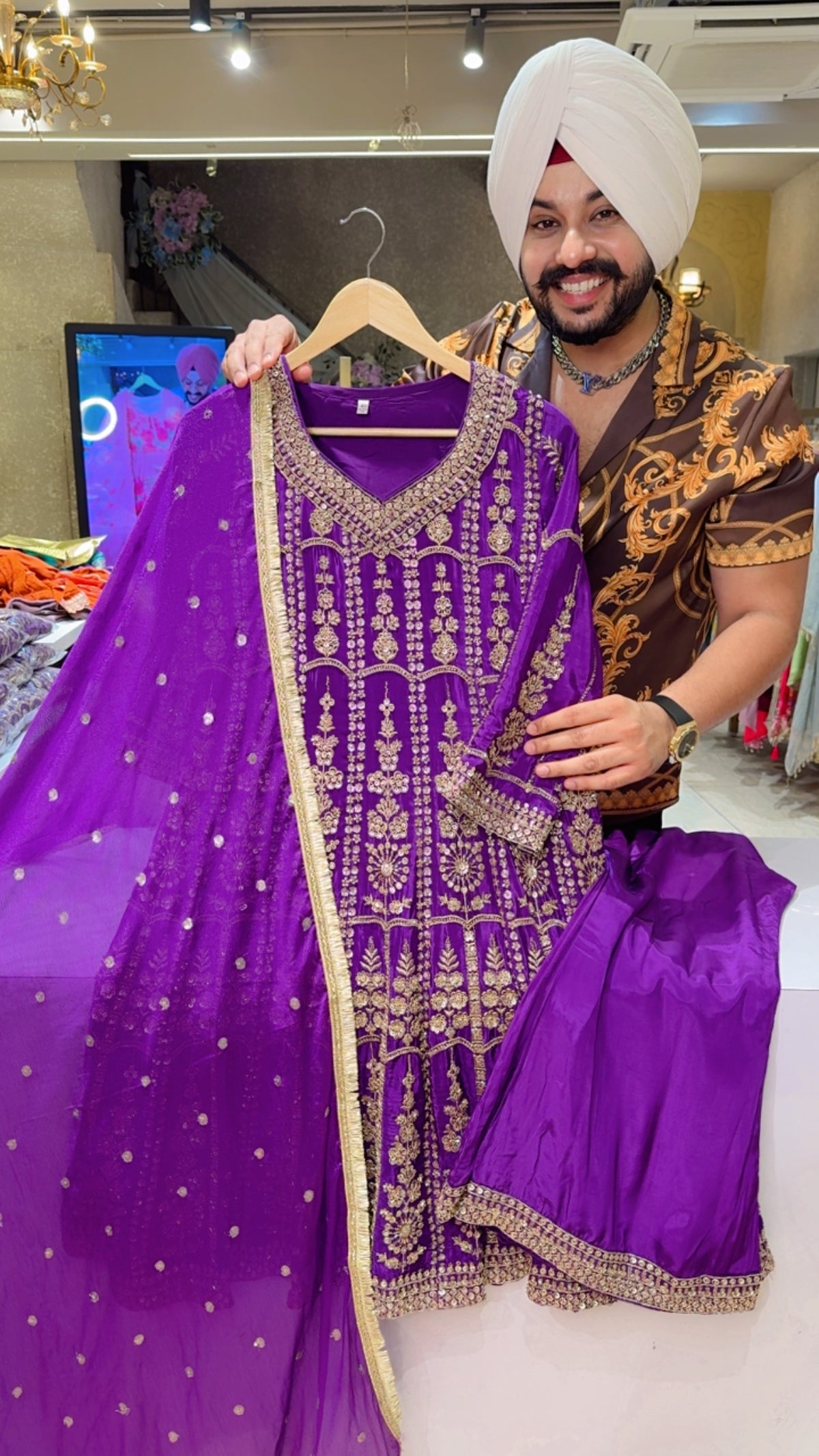 Purple Crepe Heavy Front & Back Hand Embroidered Paplum Bell Bottom Anarkali suit