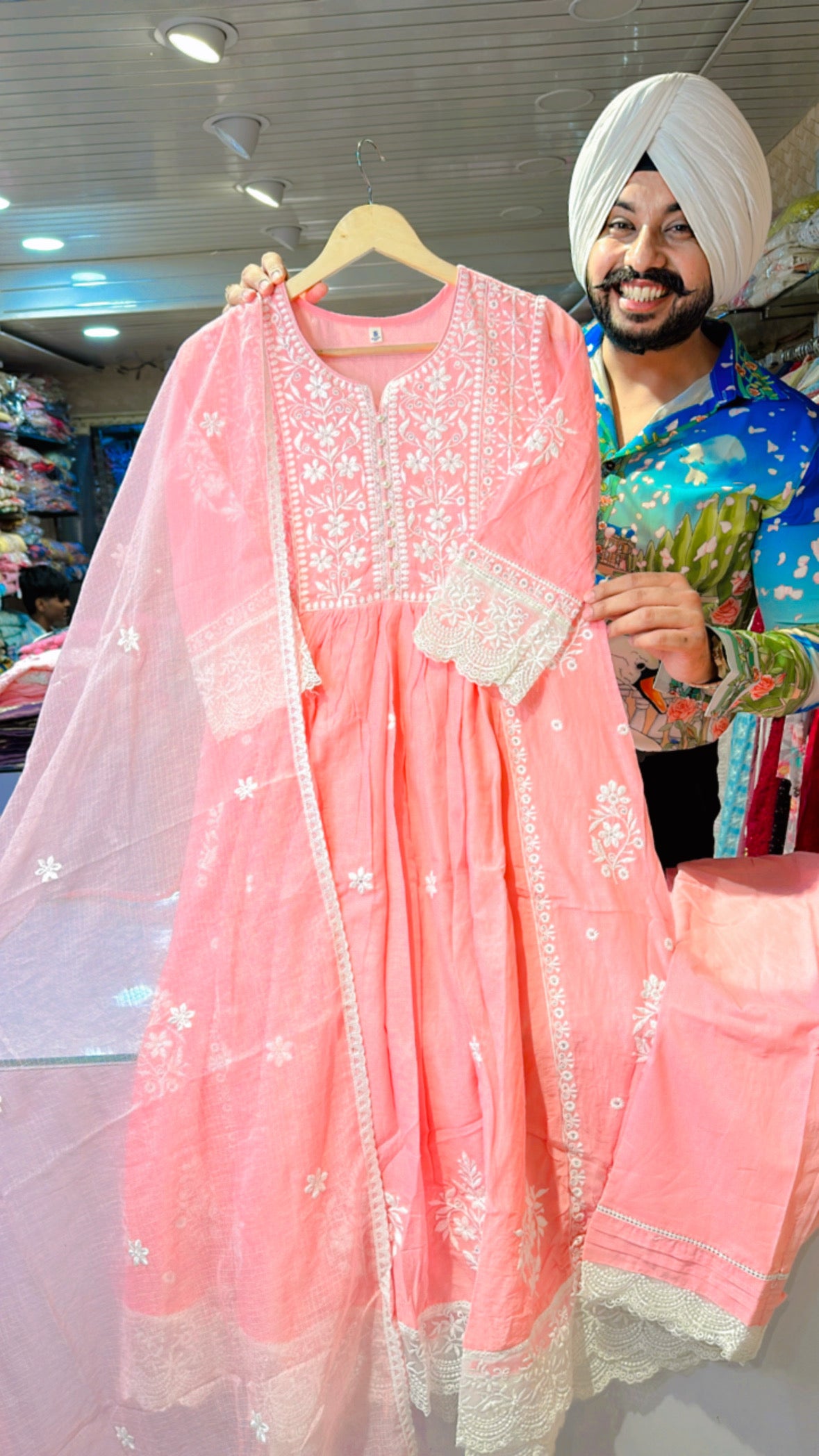 Pink Mal Cotton embroidered Nyra A-line Suit with Beautiful Kota Doria Duppata
