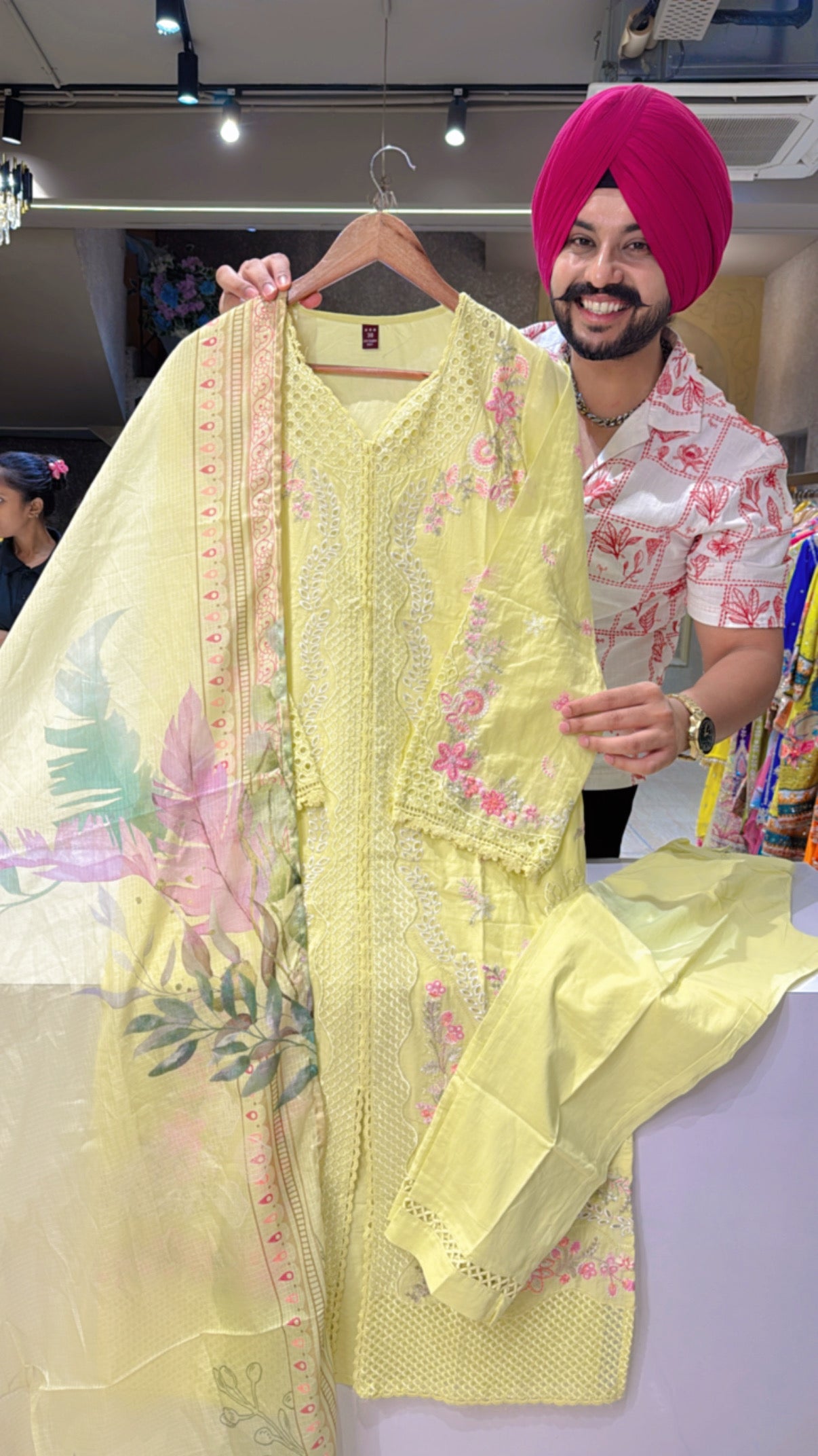 Lemon Pure Cotton Heavy embroidered & Cut Work Kashmiri suit with kota Doria Duppata