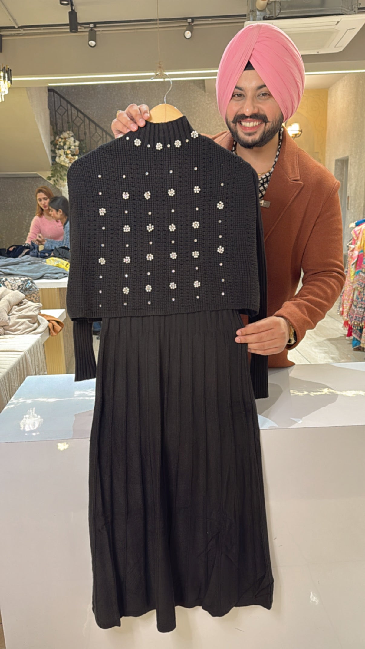 Black Imported Woolen knee length Dress with Pearl work woolen Crop