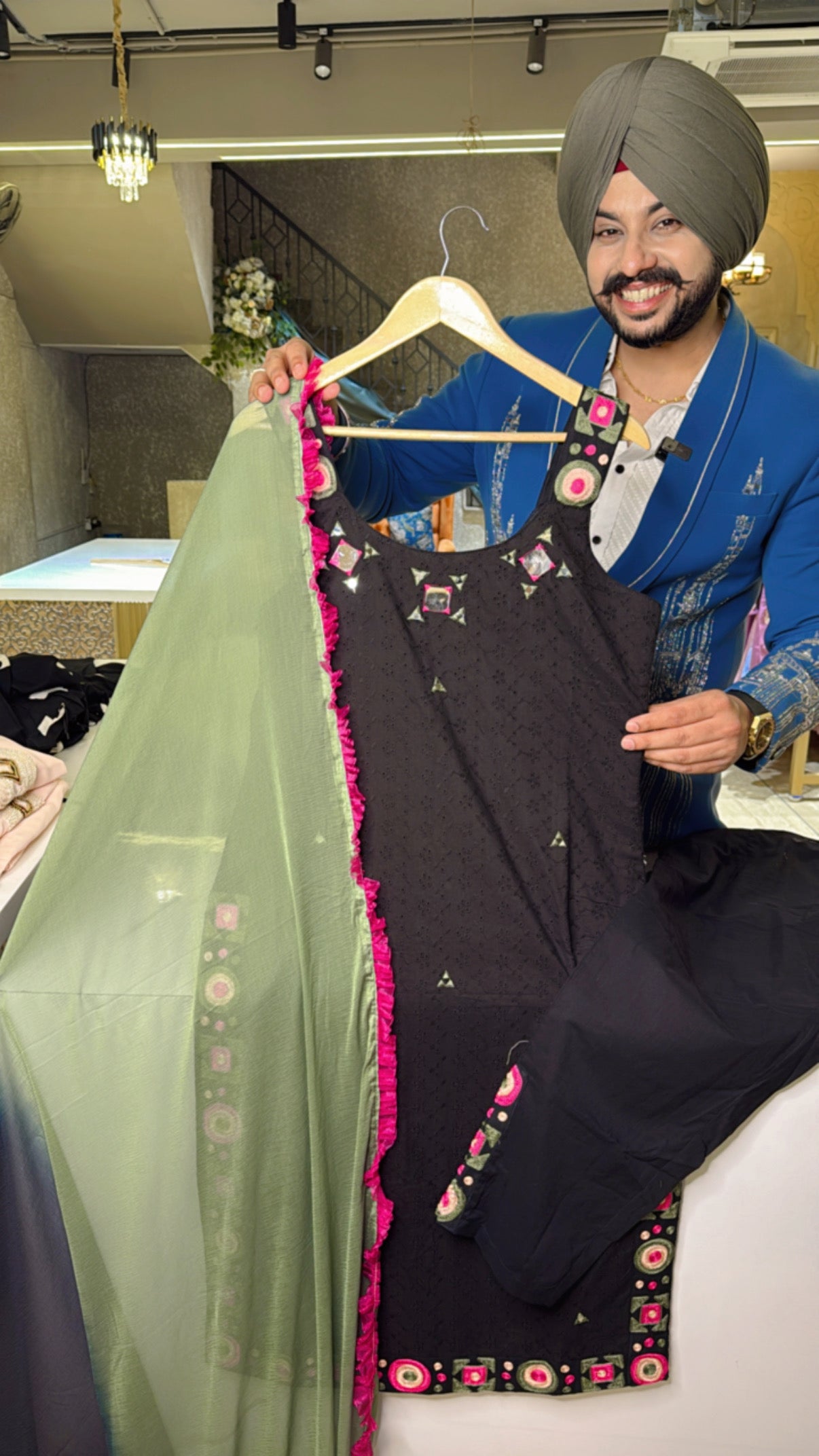 Black Strap Sleeves Cotton Shifli & Embroidered Girlish Straight Suit with Beautiful Chiffon Duppata