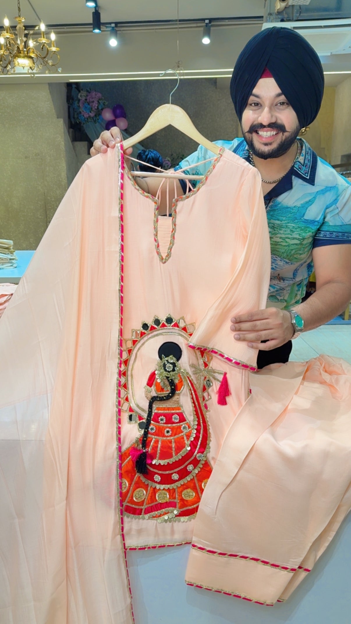 Pastel Peach Mal chanderi Doll Hand Embroidered Designer Farshi Salwar Suit