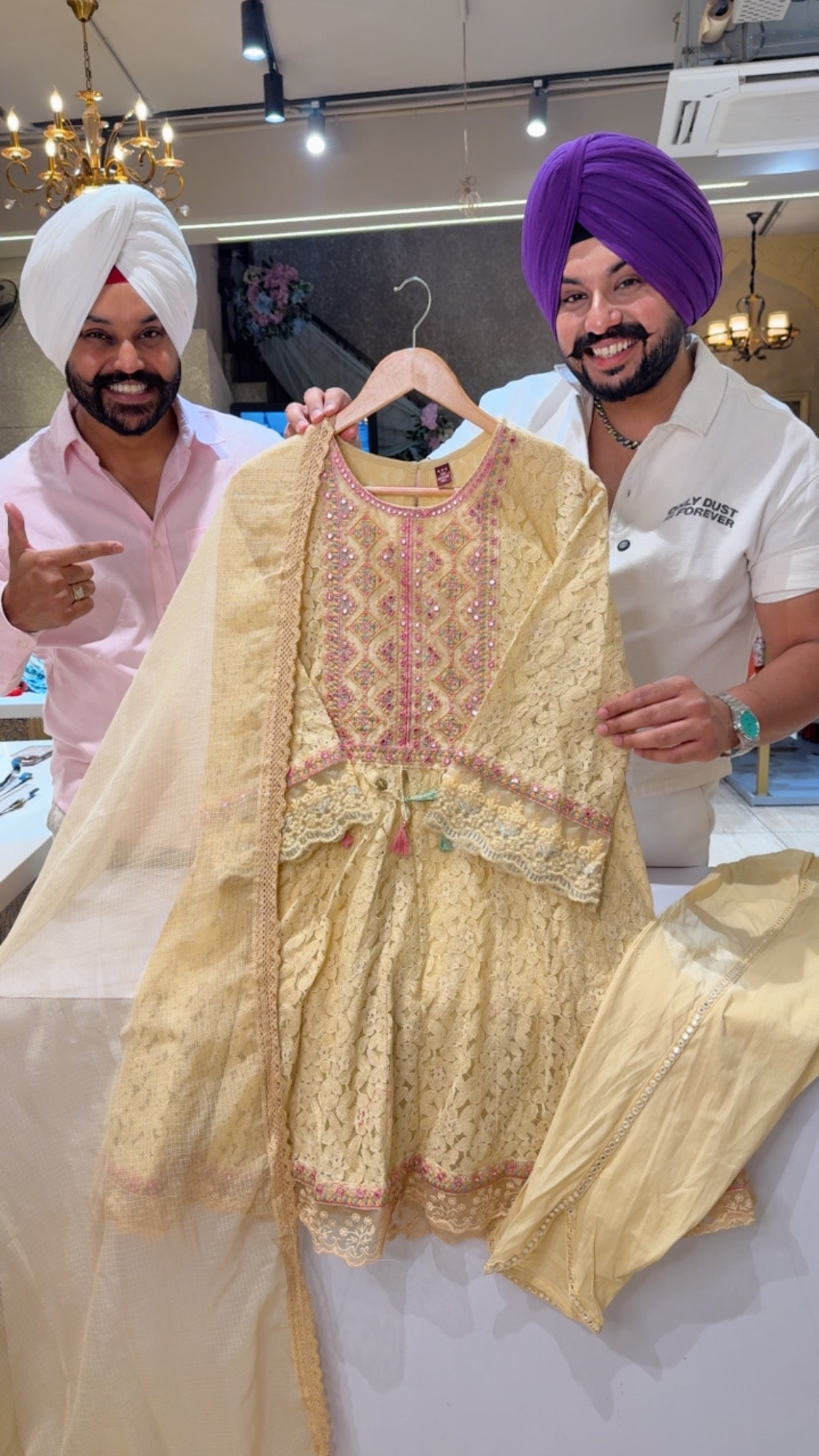 Light Beige Designer Lace Paplum Indowestern Suit with Stylish Tulip Pants & Kota Doria Duppata