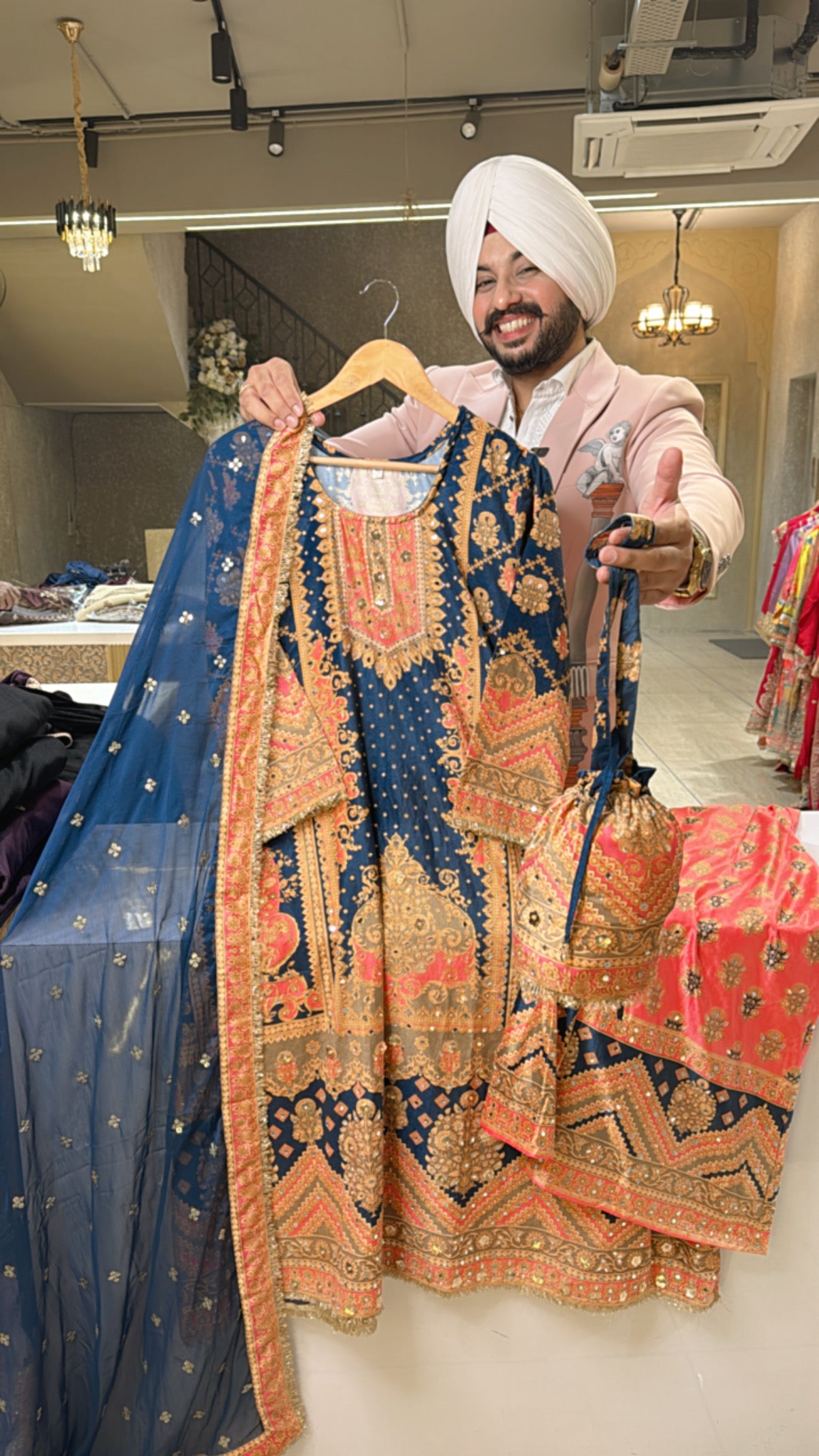 Blue Premium Velvet Heavy Embroidered Pakistani A-line Plazo Suit with Cute Potli