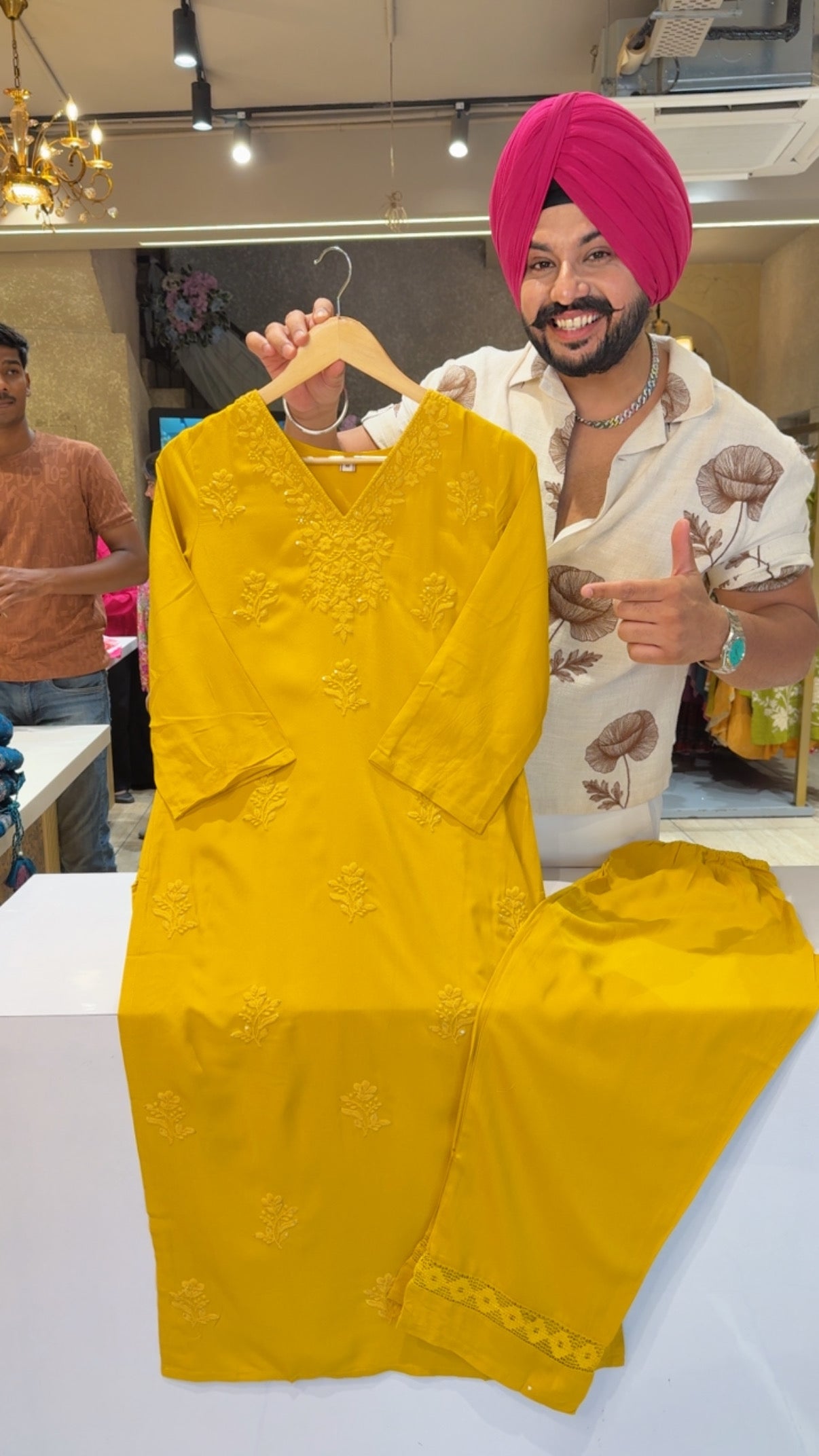 Yellow Soft Rayon Self Lucknowi Style Embroidered Long Length Coord set