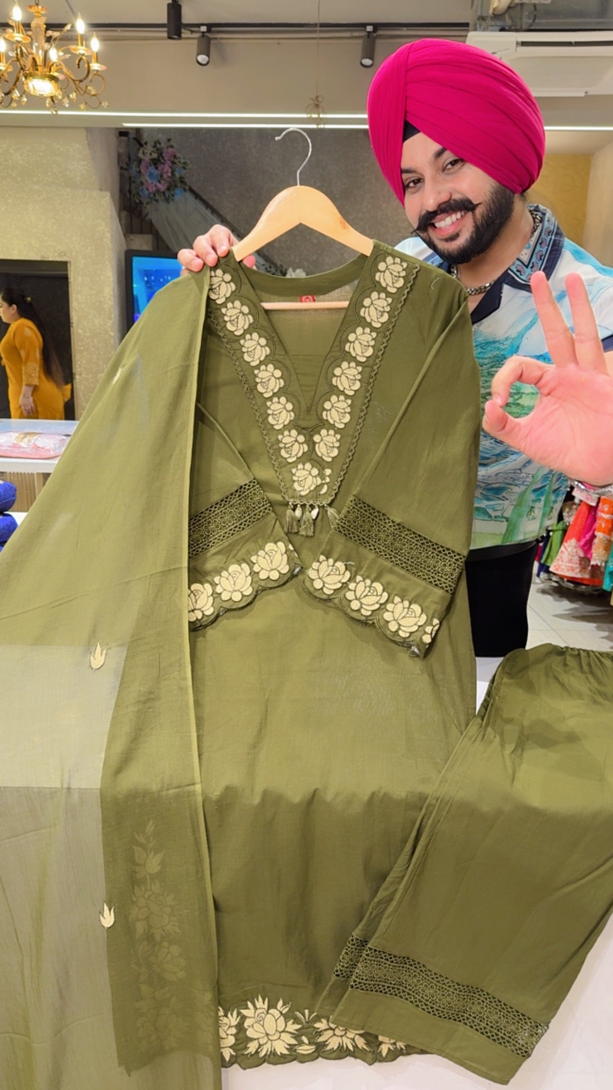 Dark Mehendi Pure Cotton Embroidered Semi formal Kashmiri Suit with Embroidered Mal Cotton Duppata