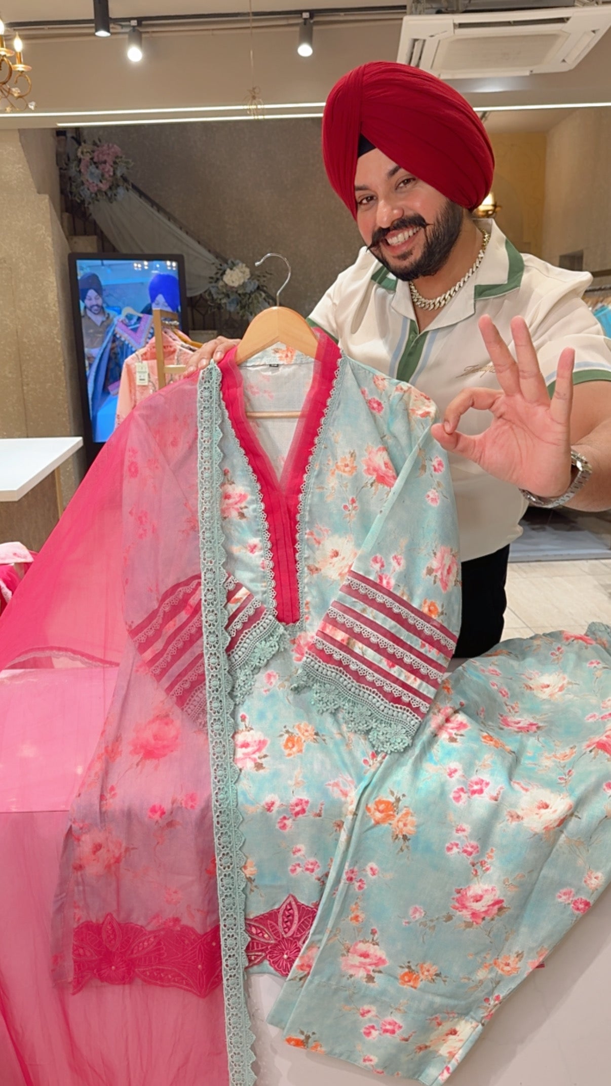 Sea Blue Beautiful linen floral pakistani farshi salwar suit with applique work on ghera and bell designer sleeves and organza dupatta