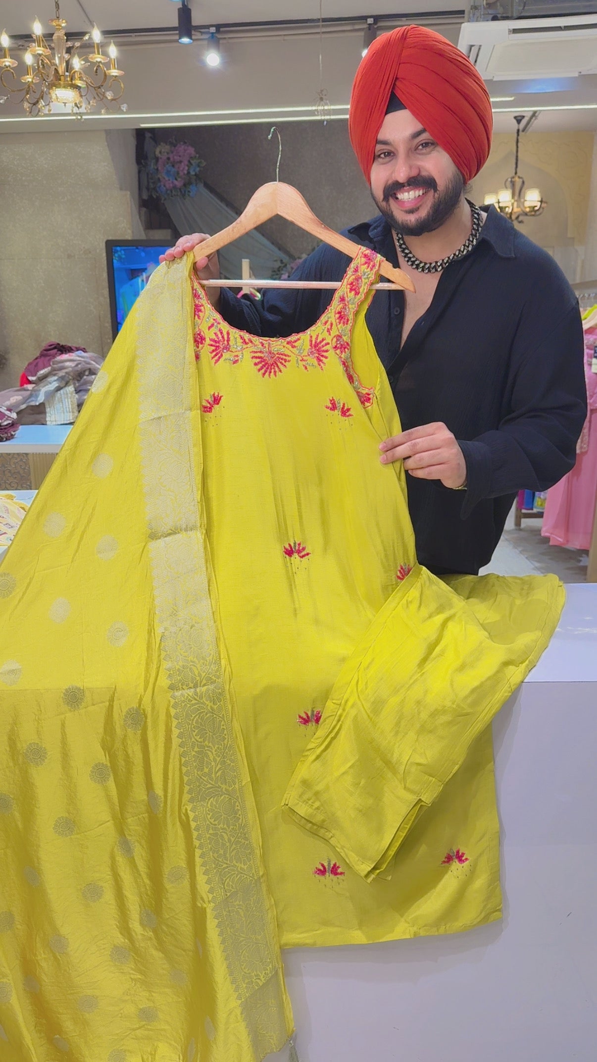 Yellow soft silk Hand embroidered Strap Sleeves Girilsh Suit with Banarasi Dupppata