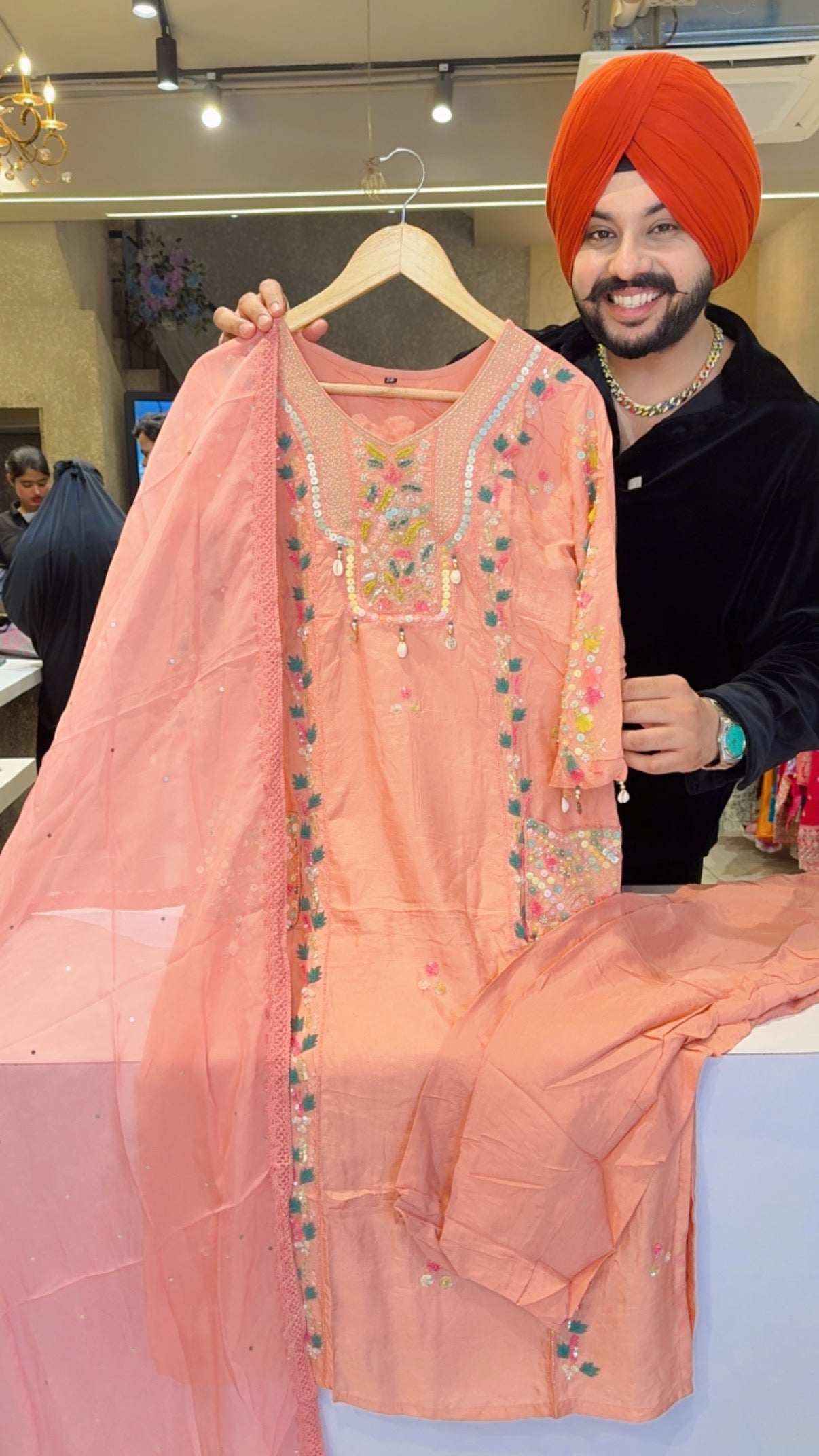 Peachish Pink Dola Silk Party Wear Straight Suit with Hand embroidery Work on Neck & Pockets