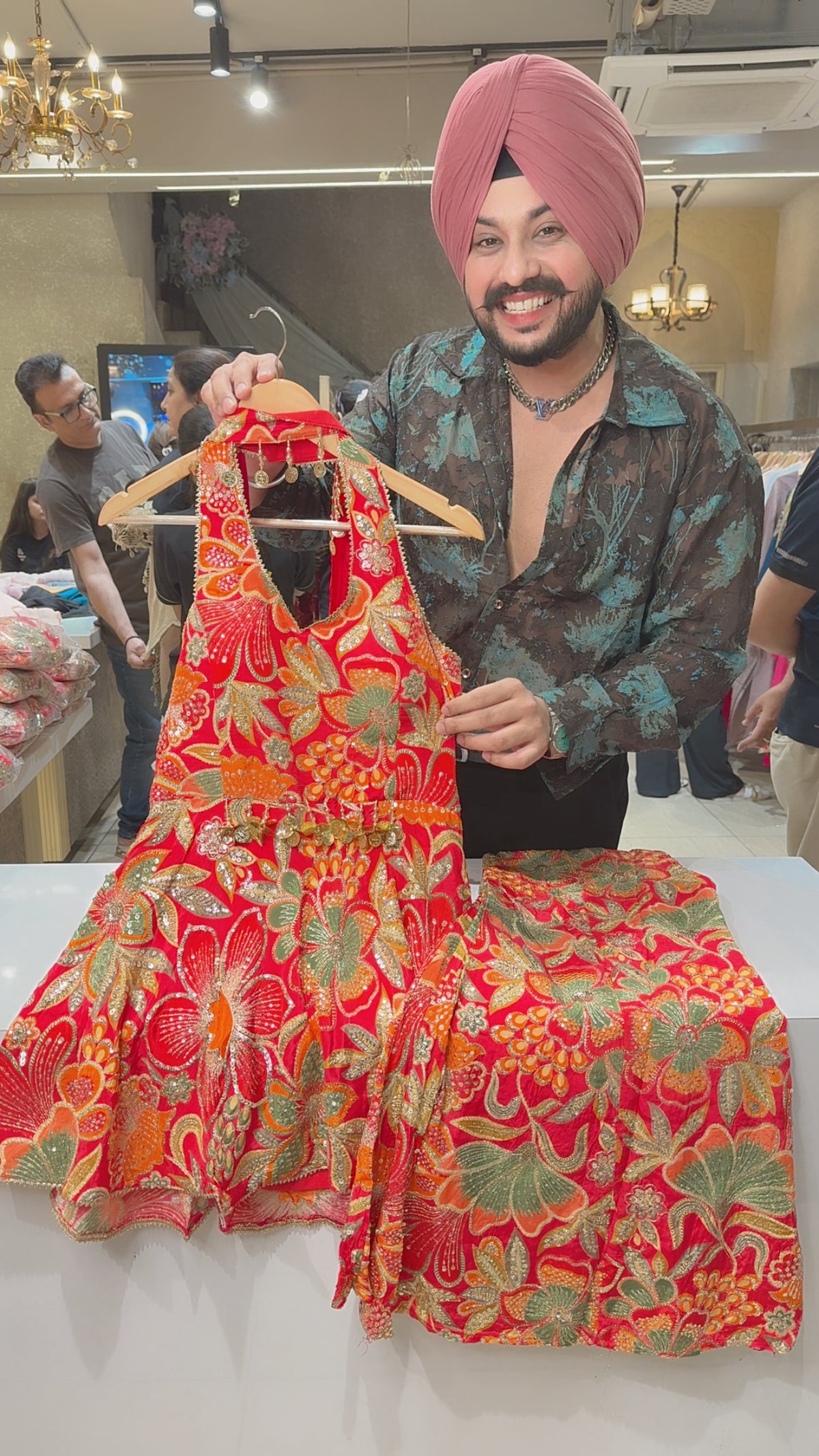 Red Crepe Fully Embroidered Backless Halter Neck Paplum Bell Bottom Suit with Necklace Duppata