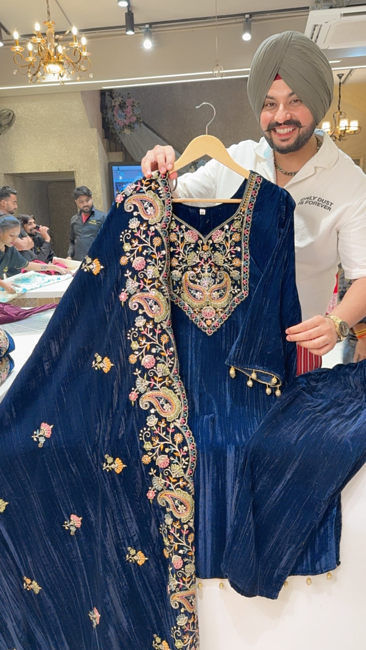 Navy Blue Crush Velvet party Wear Suit with Heavy Embroidered Duppata