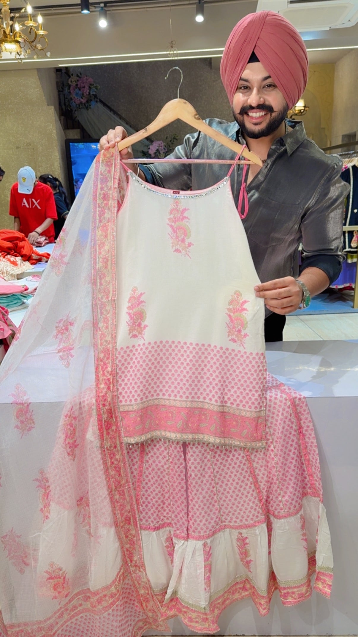 Moon white and pink mal cotton Noodle Sleeves Girilsh Garara Set with Beautiful Kota Doria Duppata