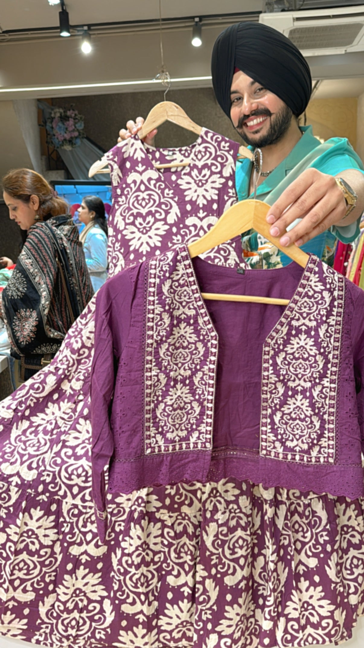 Purple Pure Cotton Full Flair Indo Western Dress with embroidered Short Jacket