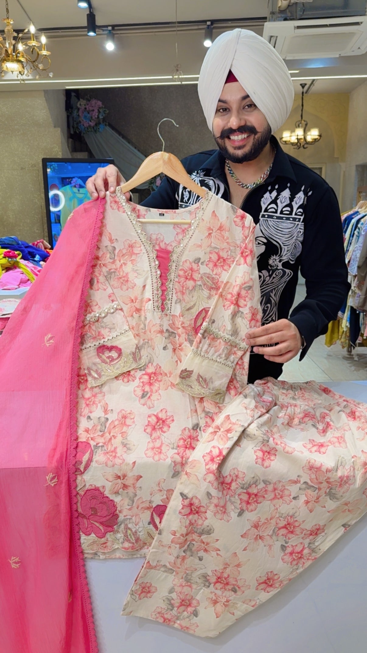 Pink & Cream Floral Print Semiformal Farshi Salwar Suit with Crush Chinon Duppata