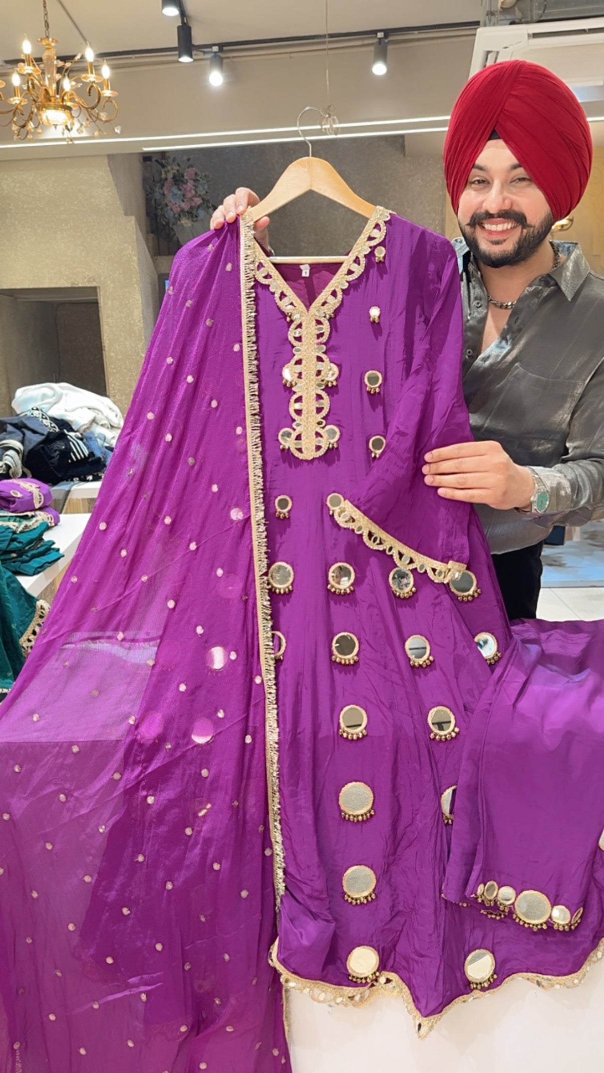 Vibrant Purple Crepe Front & Back Fully Mirror Work Party Wear Anarkali suit with Beautiful Chinon Duppata