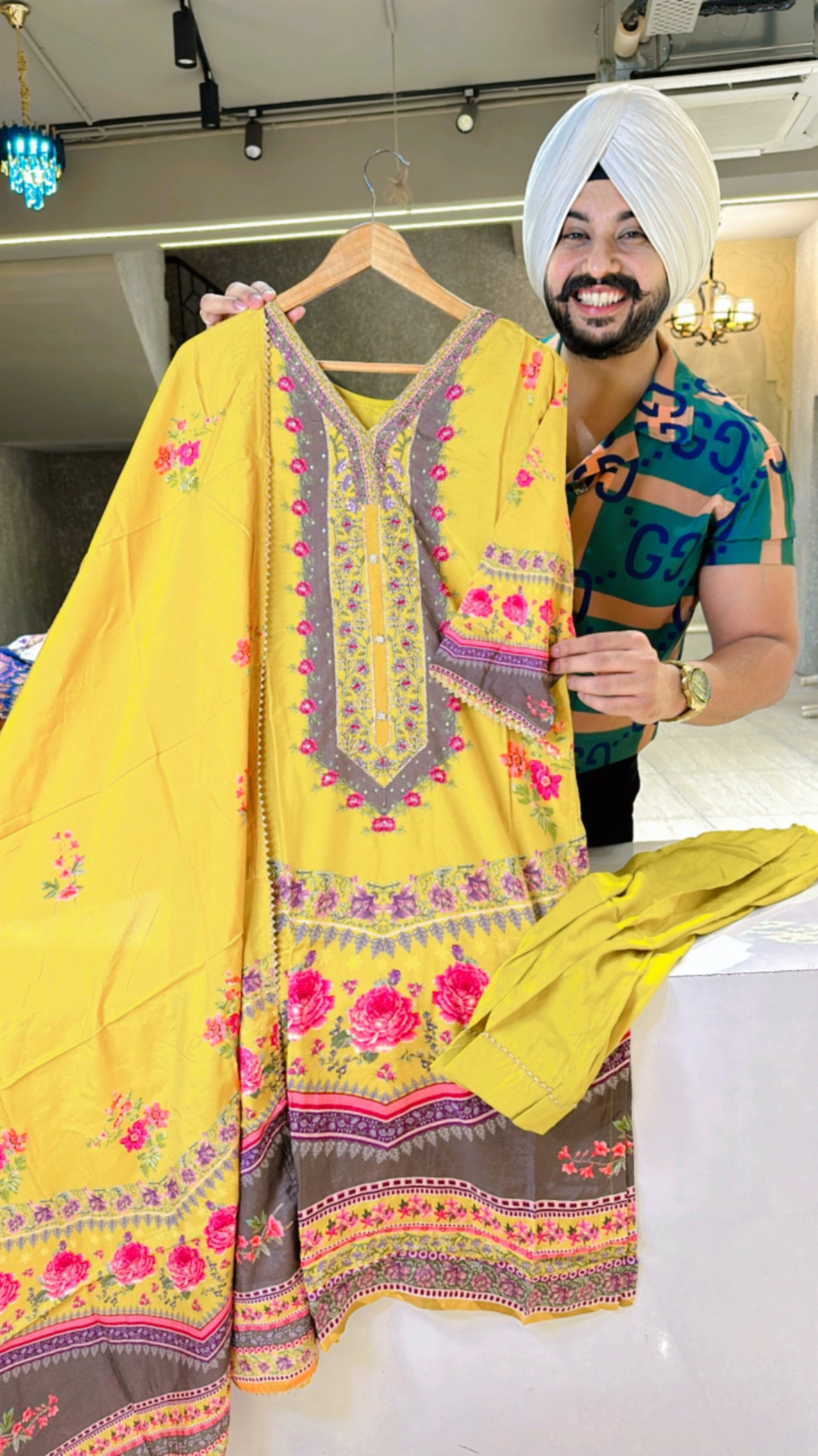 Yellow Muslin silk Digital Print Straight Suit with Hand embroidery work on neck