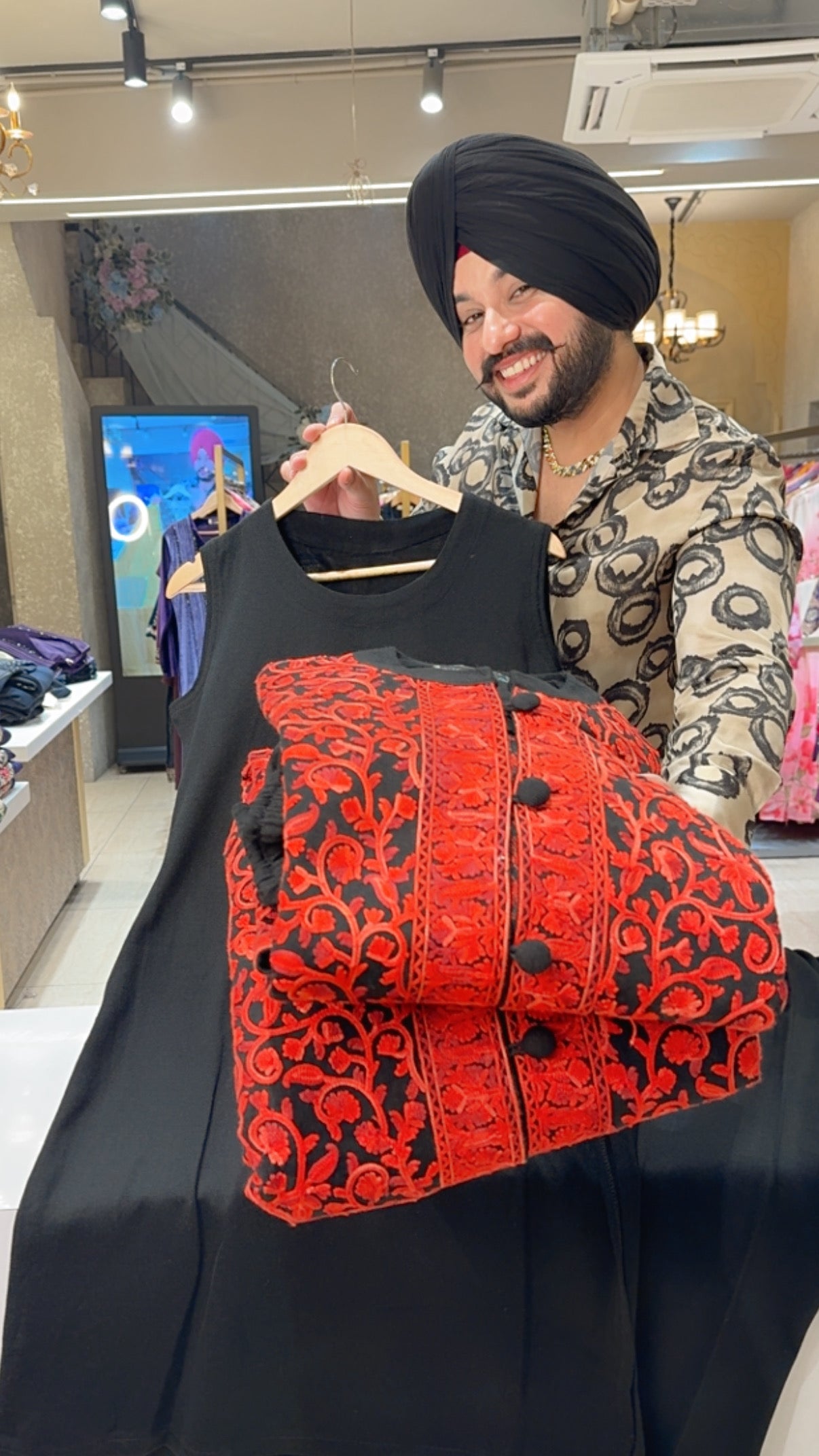 Black & Red Woolen Long Length Coord set with Heavy Front & Back Kashmiri Embroidered Shrug