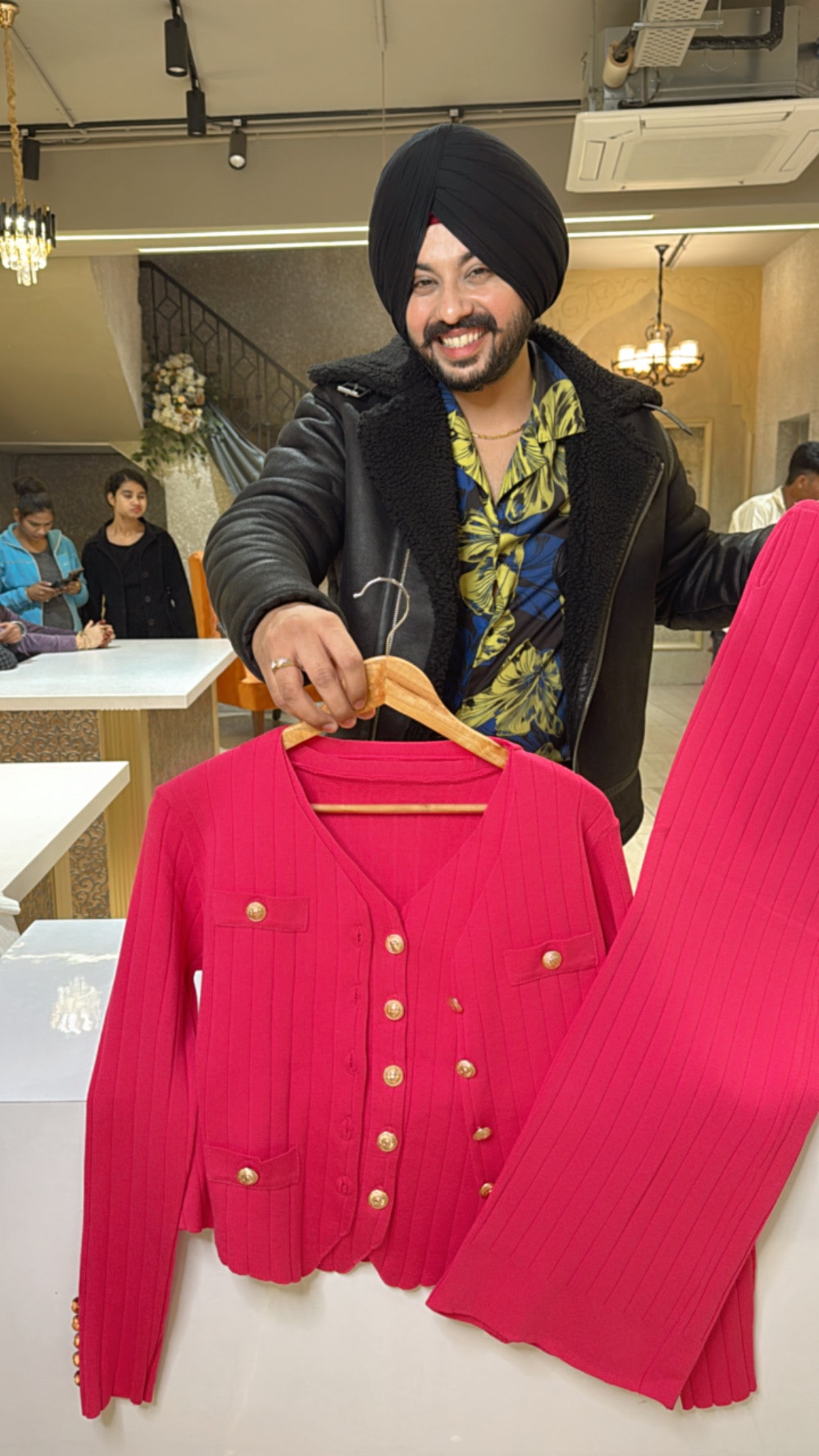 Hot pink Imported Woolen Western Coord set with Stylish Furr on Neck & sleeves main image 1