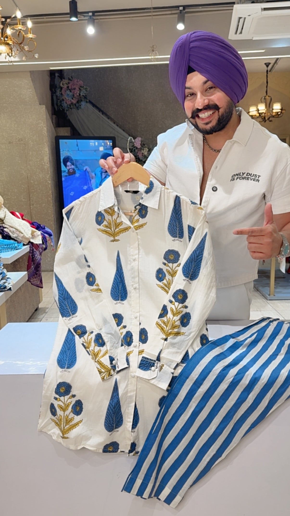 Moon White & blue Pure Cotton Floral Print Office Wear Coord set