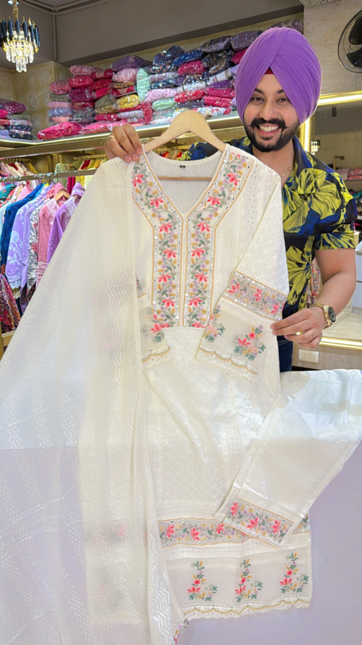 Moon White Pure Cotton Pakistani Suit with Beautiful Embroidery & Shifli Work