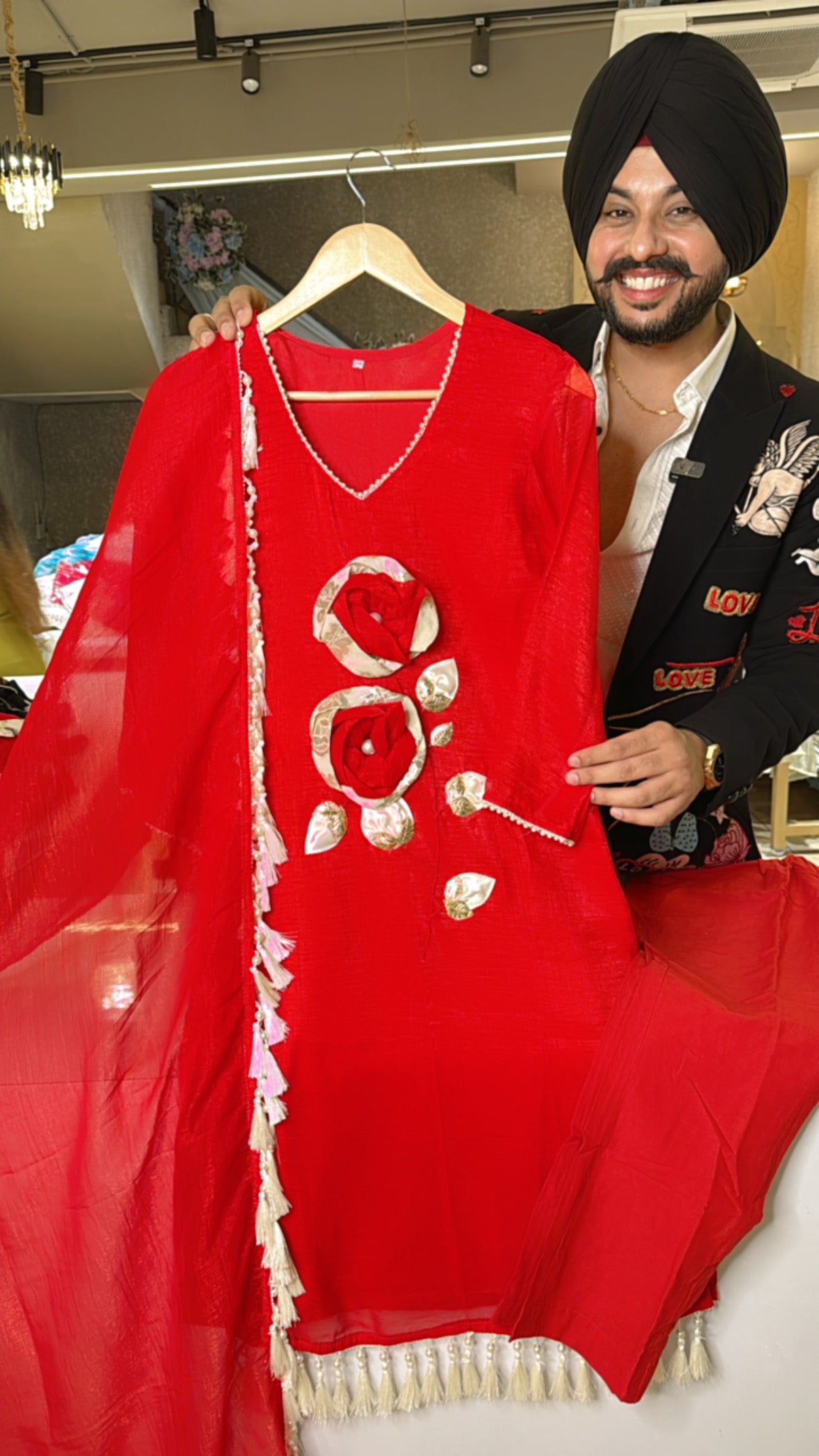 Red Shimmer Tissue Rose Hand Patch work Straight Suit with Beautiful Lace on Sleek Dupppata