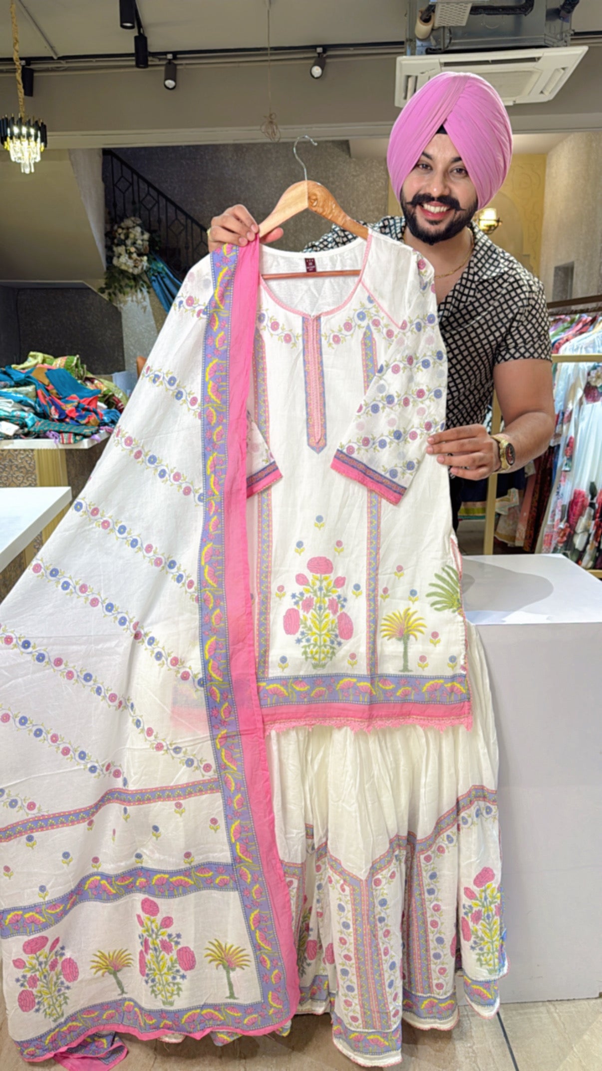 Moon White & pink Mal Cotton Full Flair Garara Suit with Mal Cotton Duppata
