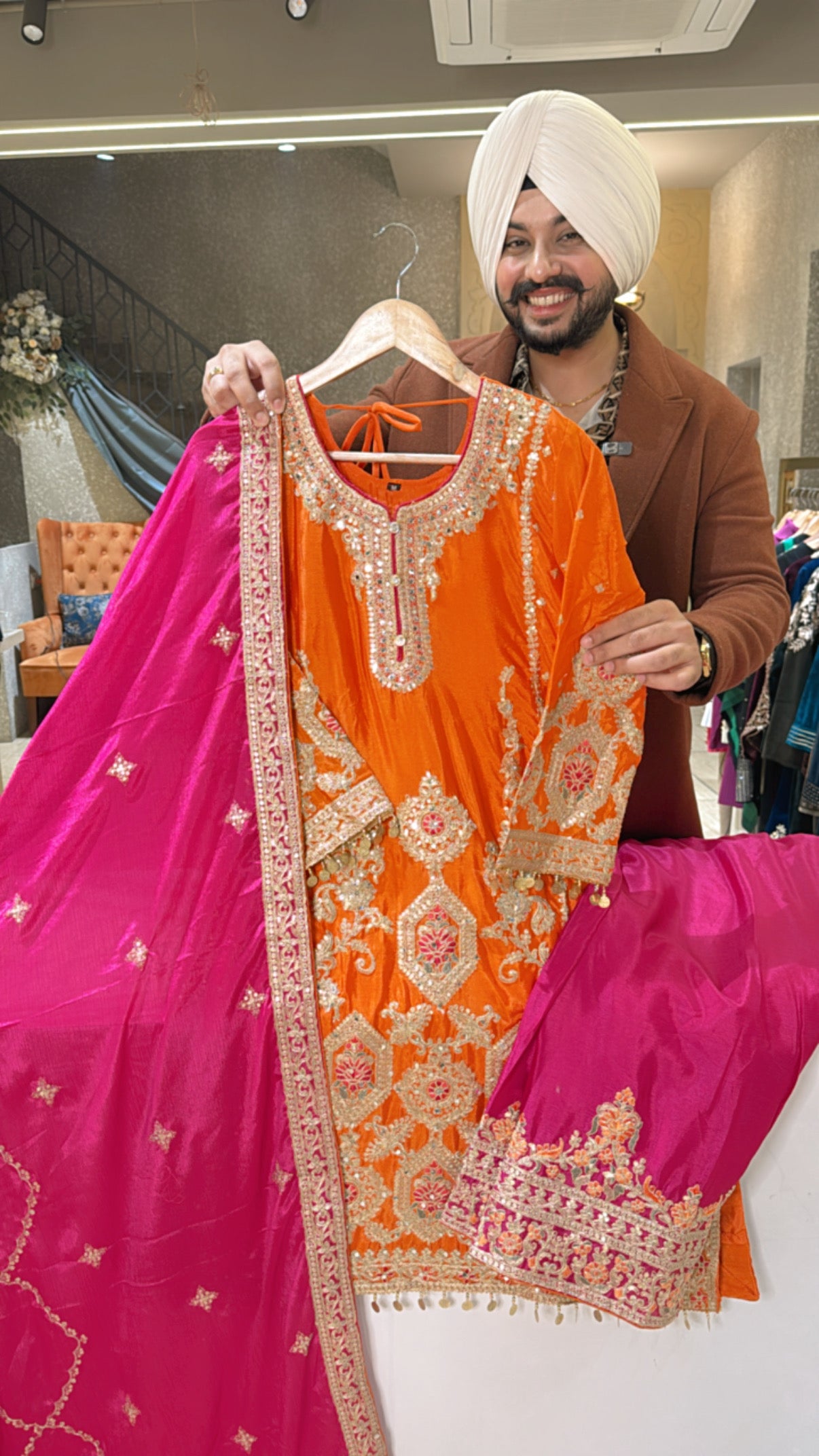 Orange & Rani Chinon Heavy Embroidered Pakistani Salwar Suit with Beautiful Duppata
