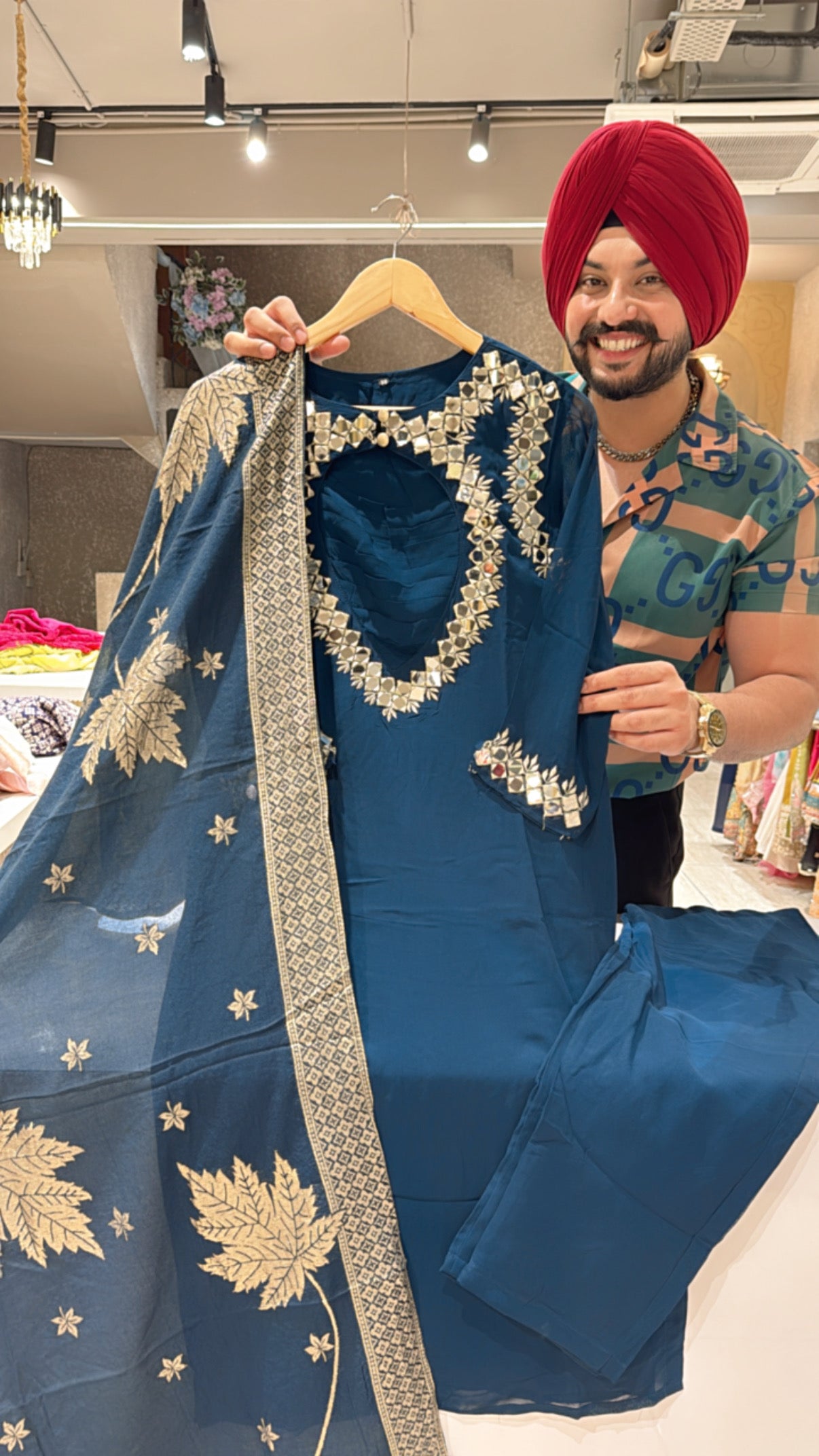 Teel Blue Designer Mirror Neck Straight Suit with Beautiful Banarasi Look Duppata