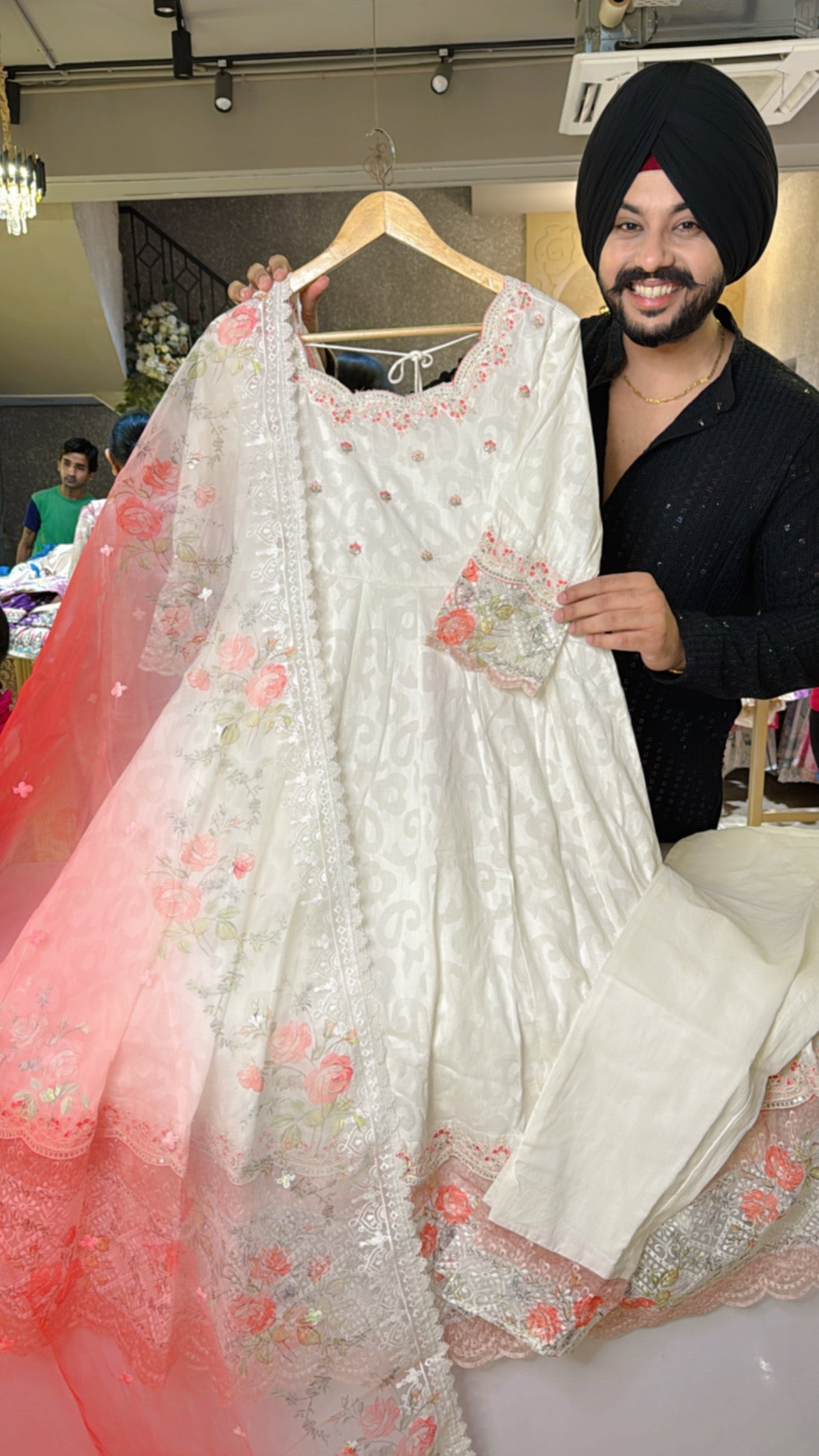 Moon White Jacquard cotton Designer Neck Embroidered Anarkali Suit with Beautiful Organza Duppata