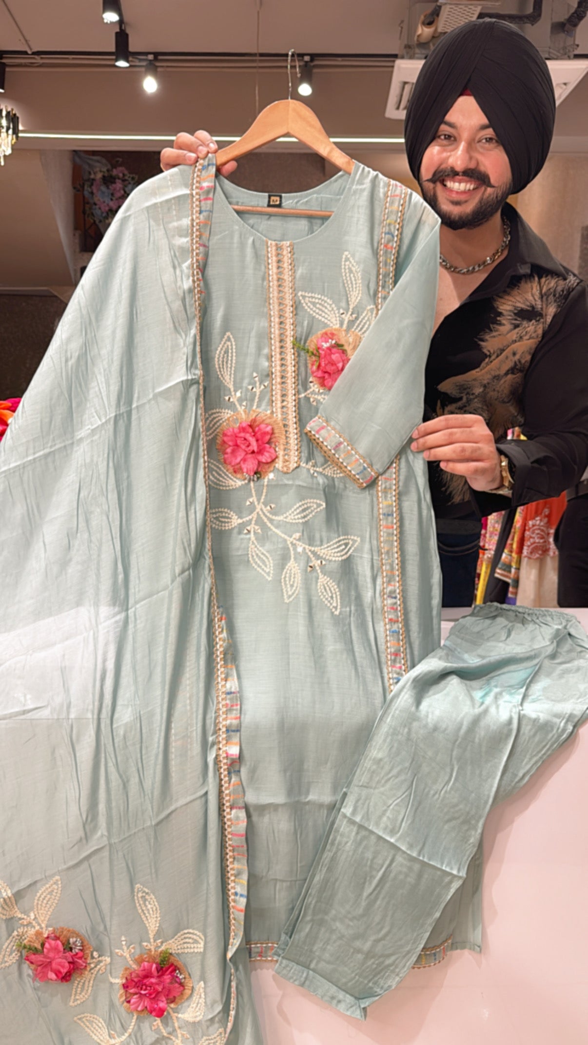 Light Sea Blue Soft Mal Chanderi Rose Patch work Straight Suit