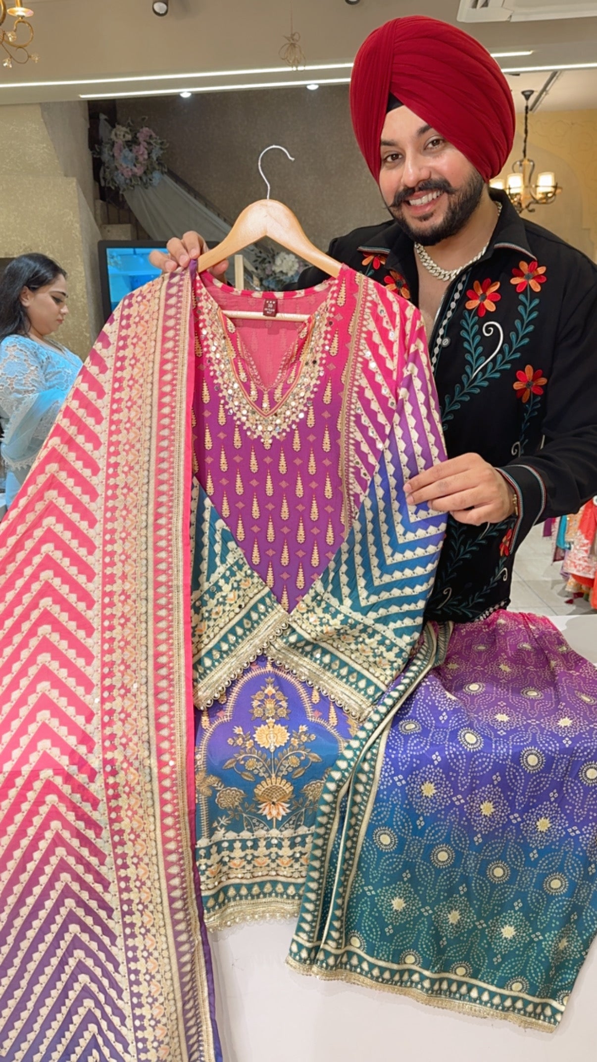 Premium Muslin Bandhej print Multicolored Pearl & Mirror Pasting Party Wear Straight Suit