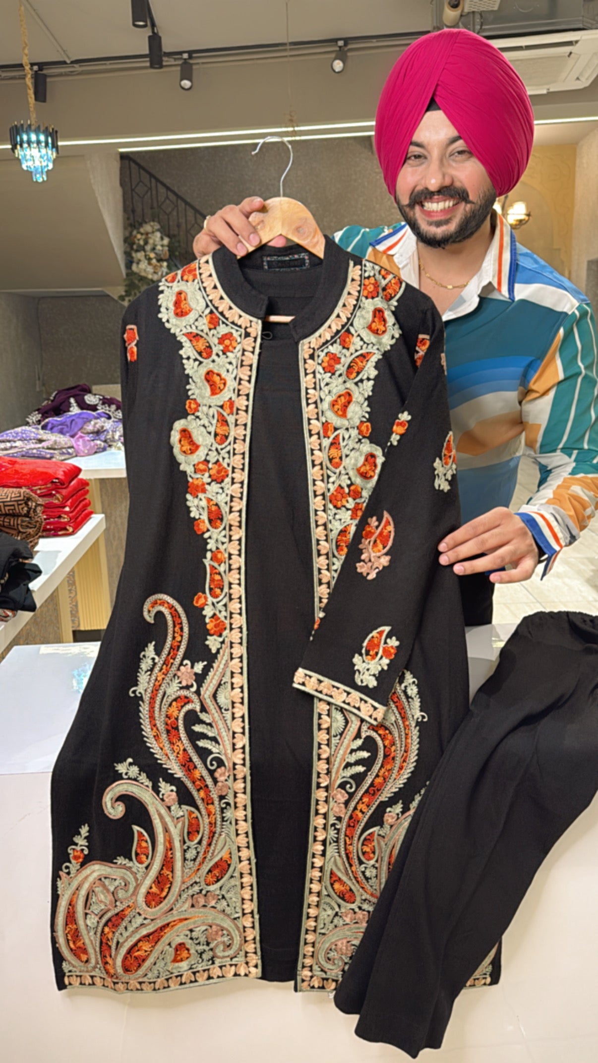 Black Premium Woolen Coord set with Heavy Kashmiri Embroidered Shrug