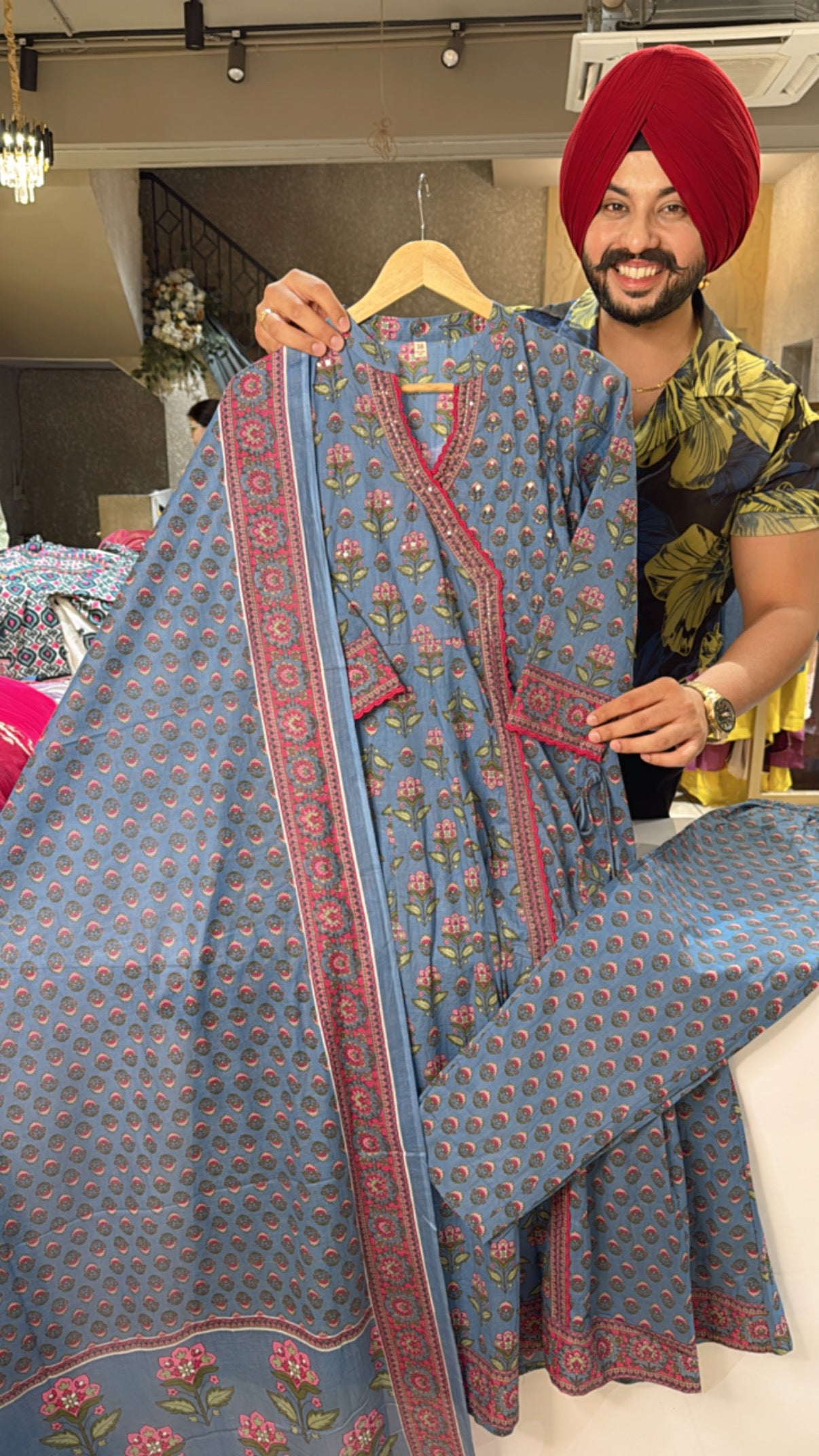 Greyish Bue & Cotton Angrakha Anarkali Suit with Beautiful Duppata