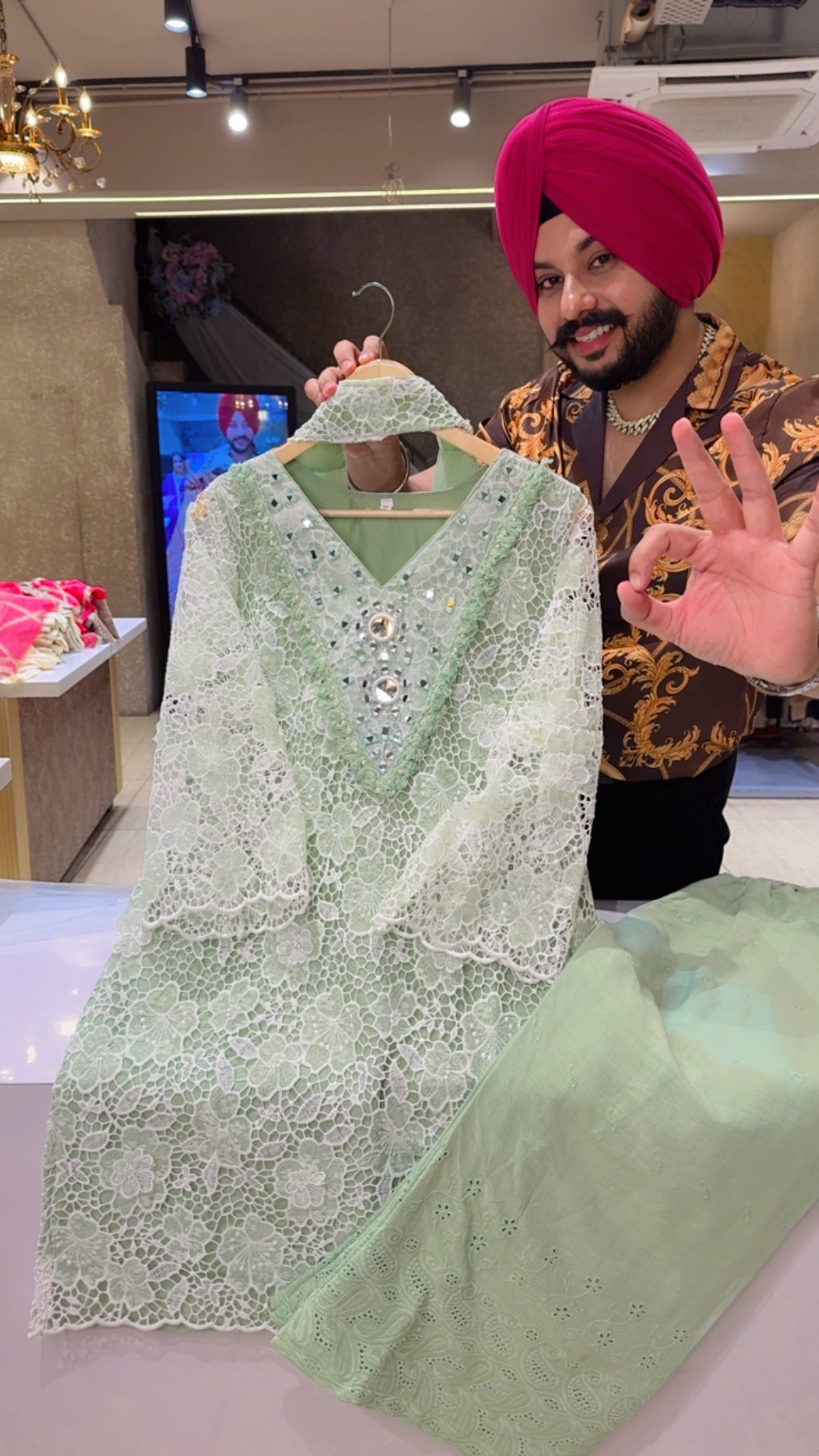 Pastel Green Heavy Crochet & Mirror Work Indowestern Girlish Suits with Sleek Necklace Duppata & Shifli Pants