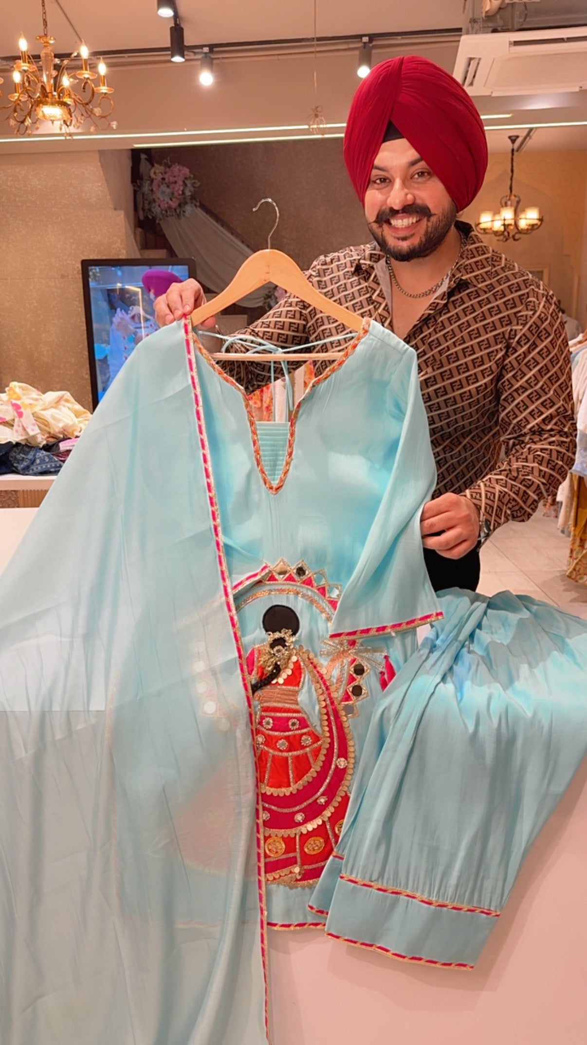 Ice Blue Mal chanderi Doll Hand Embroidered Designer Farshi Salwar Suit