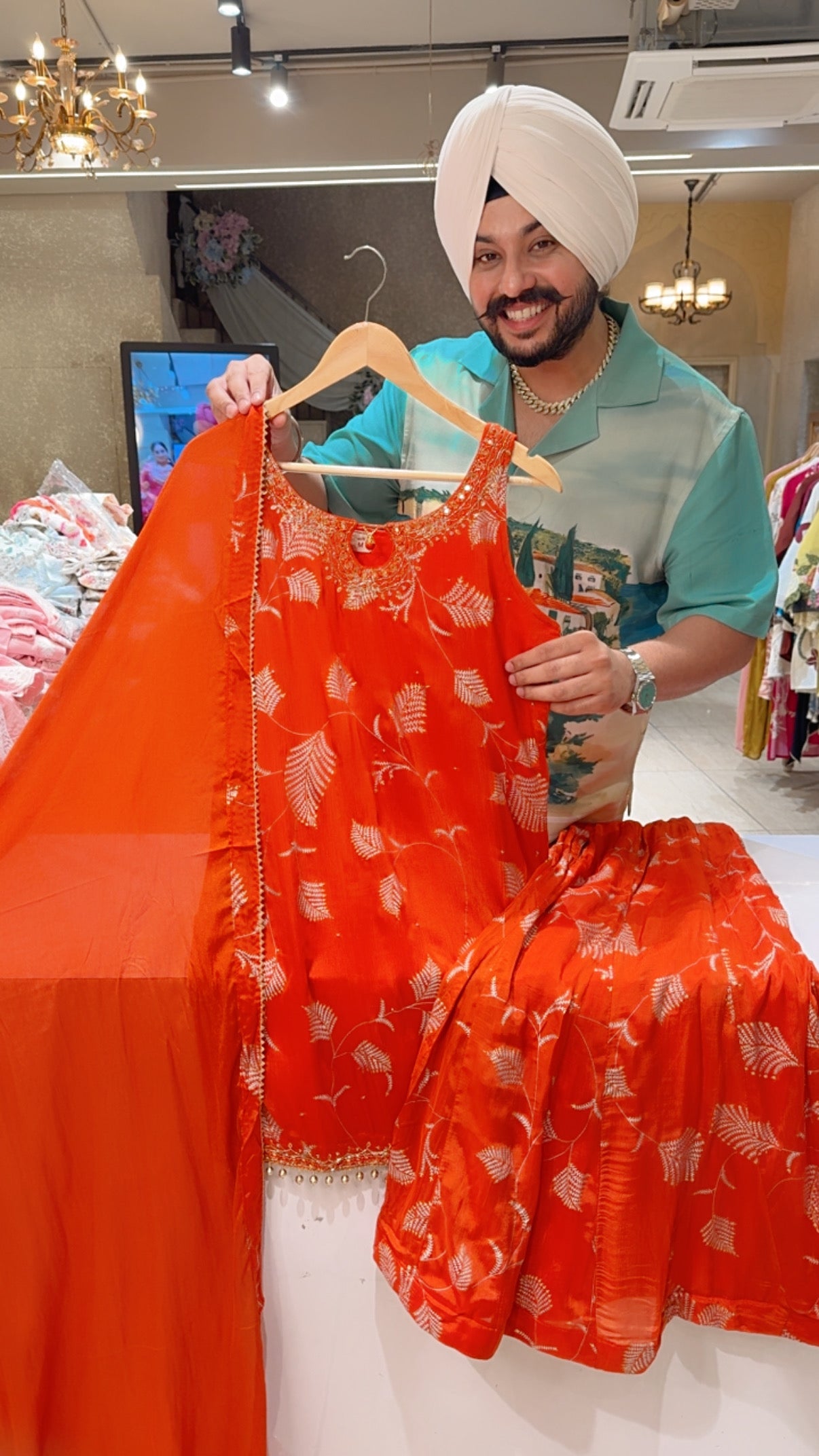 Orange Chinon Strap Sleeves Hand embroidered Full flair Party Wear Sharara suit