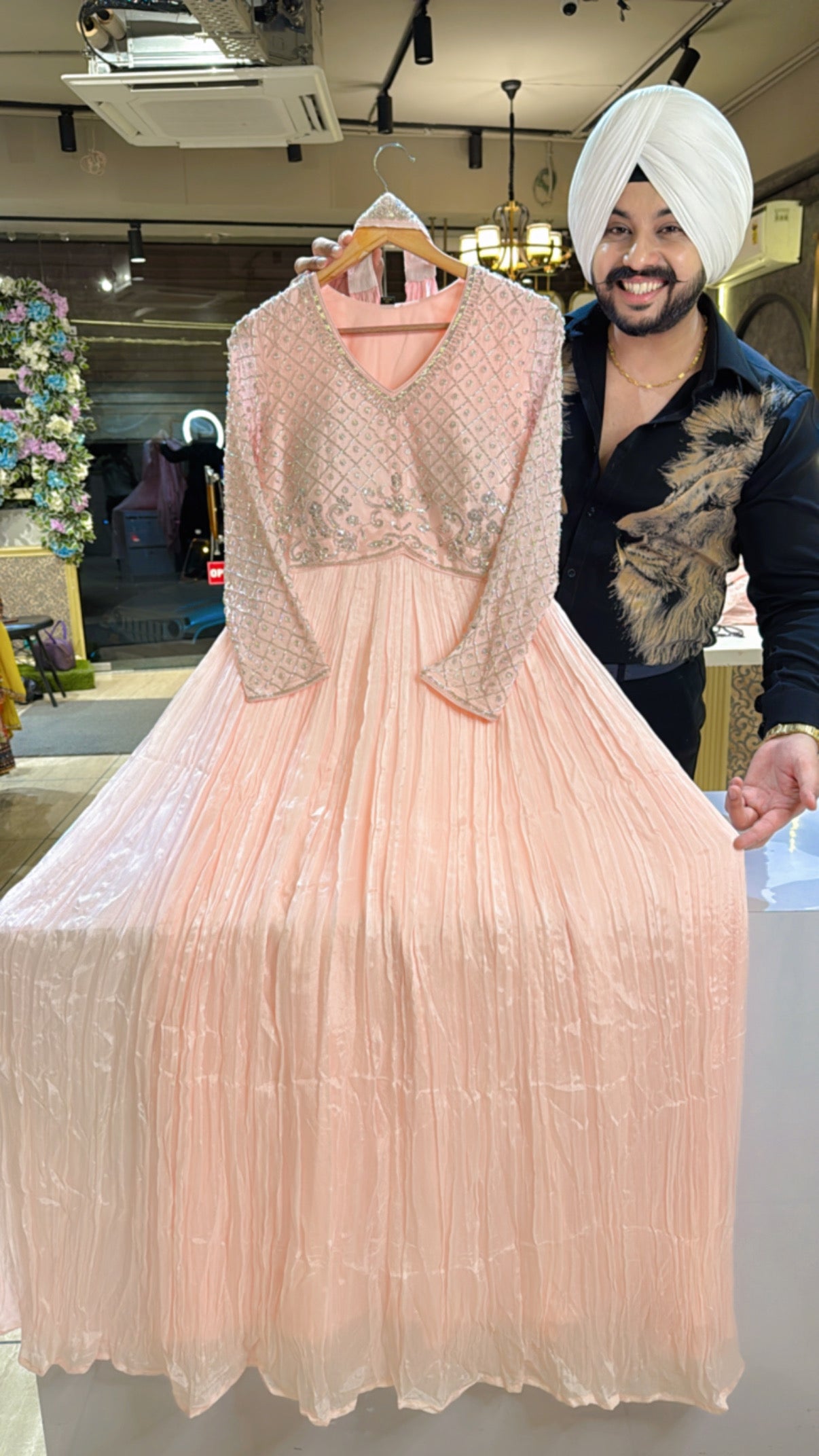 Peachish Pink Crush Chinon Heavy Hand Embroidered Anarkali Gown with Necklace Duppata