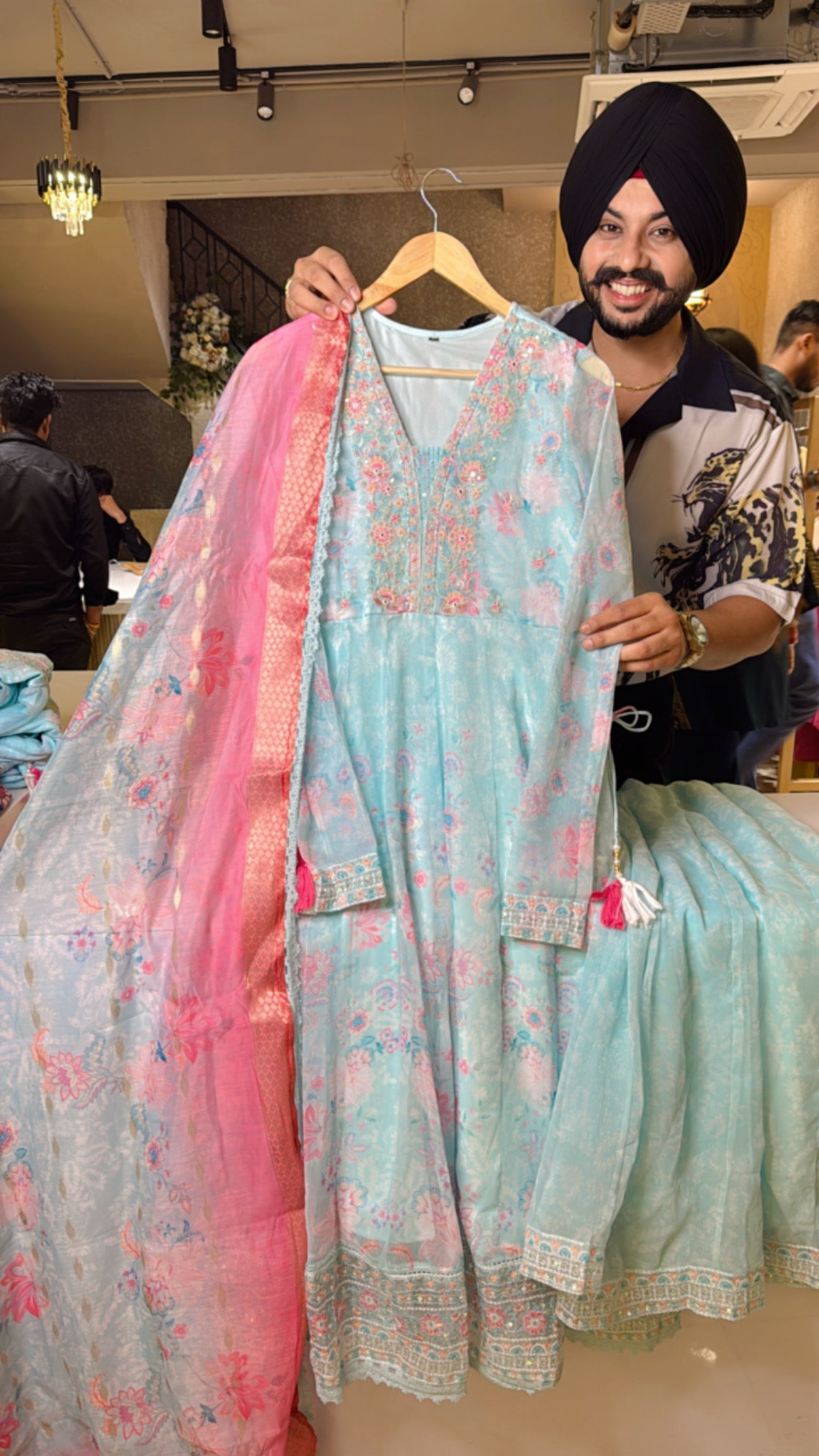 Light Blue Shimmer Organza Sharara Anarkli suit with Beautiful Embroidery work on neck