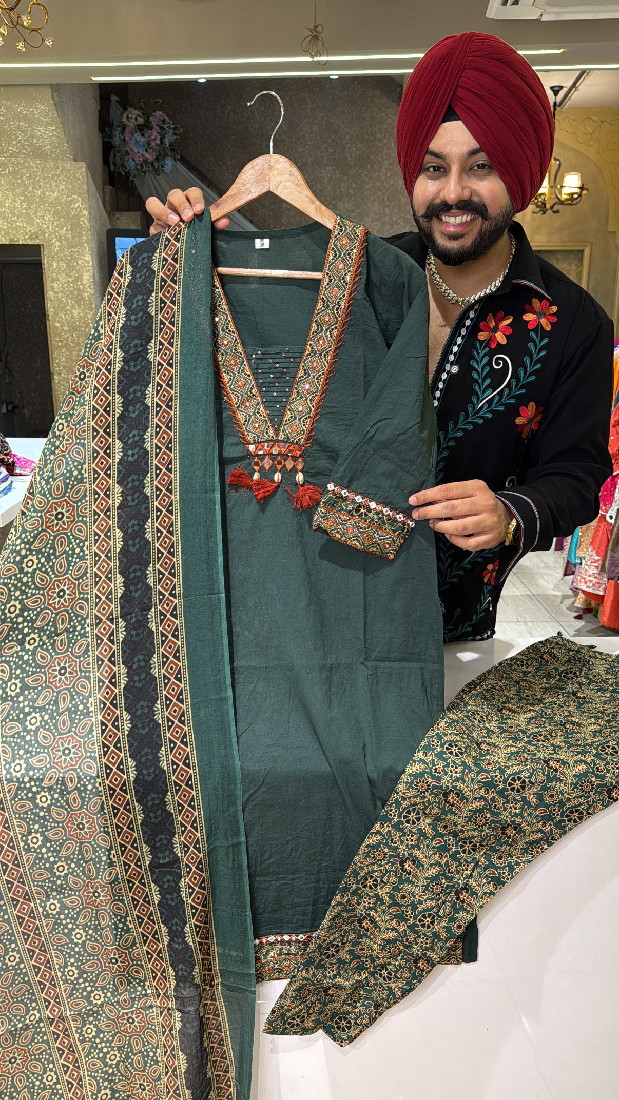 Dark Green Pure Cotton Semi Formal Straight Suit With Beautiful Embroidery work on Designer Neck