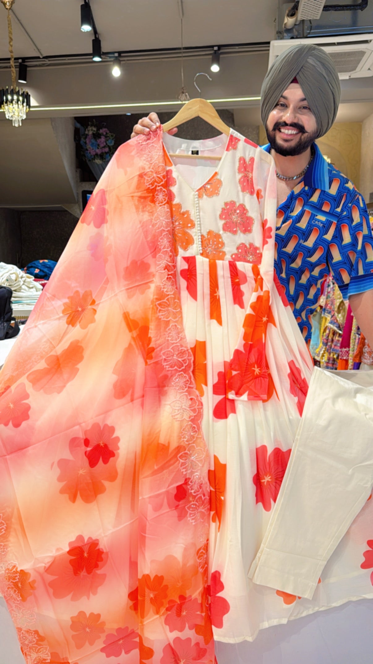 Off white & Orange Chiffon Full Flair Floral Anarkali Suit with Beautiful Hand Embroidery work on neck & Embroiderd Organza Duppa