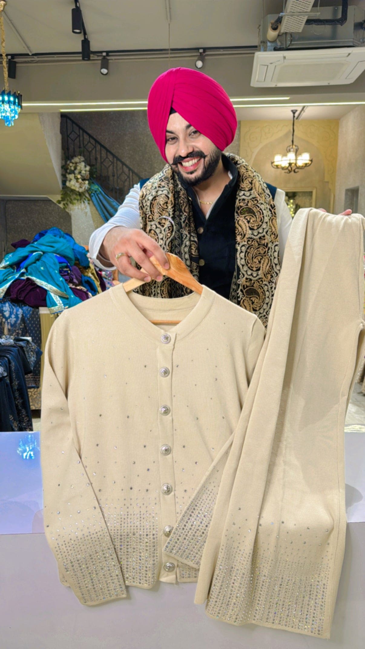 Cream Imported Woolen Full Swarovski work Western Coord set