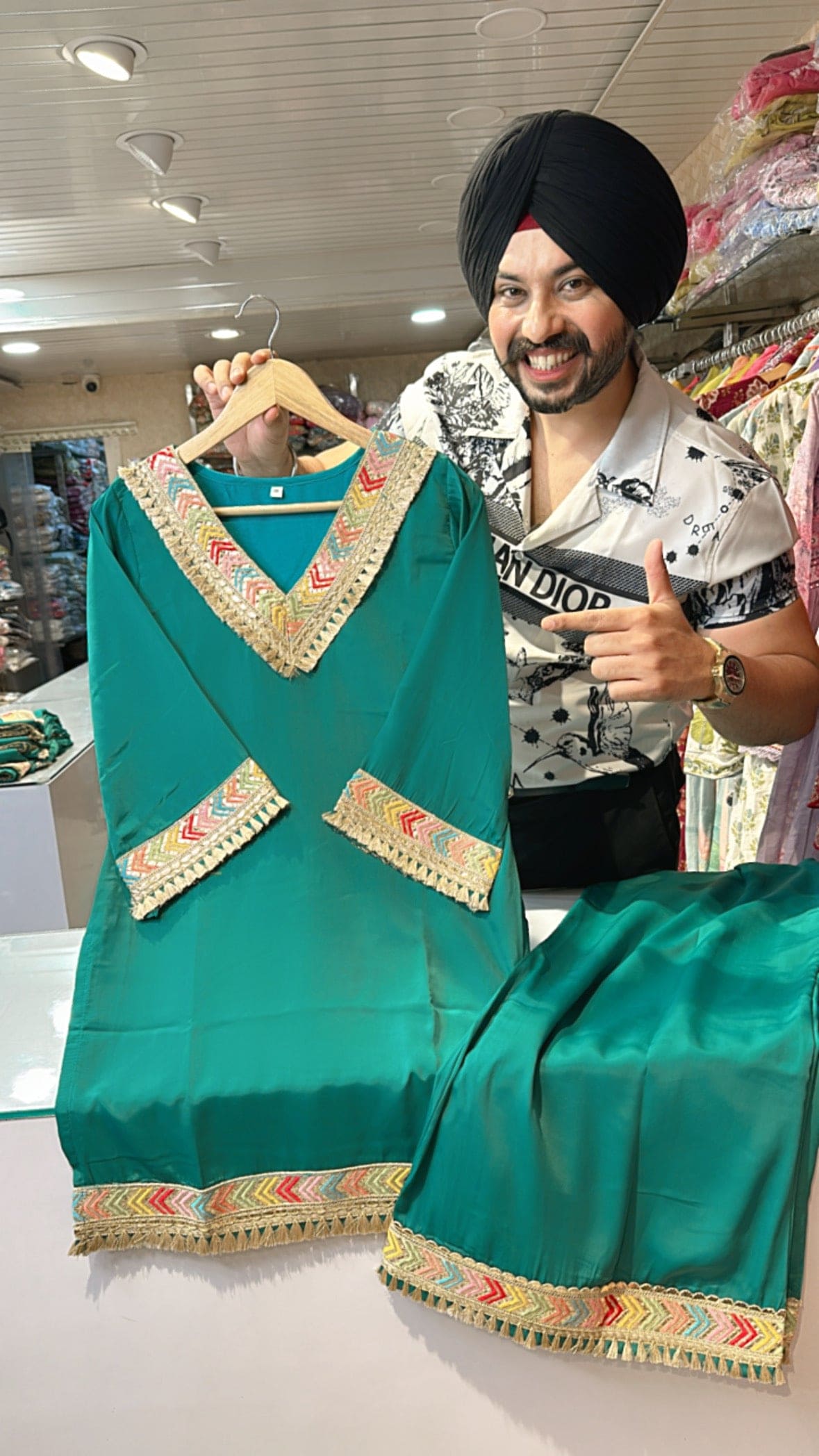 Crepe Pakistani Coord set with Embroidery Lace work on neck and Plazo