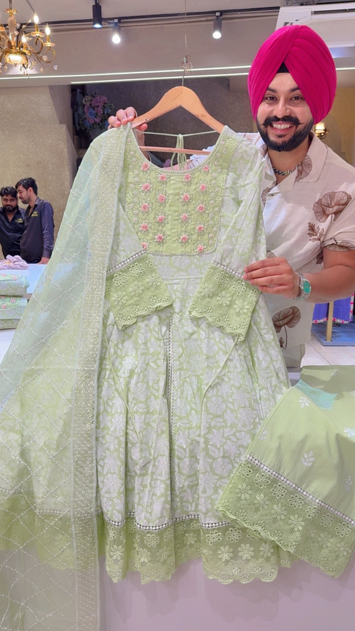 Pastel green Pure Cotton Front slit Girlish Anarkali Suit with Hand embroidery Work on neck & Beautiful Sequins work Organza Duppata