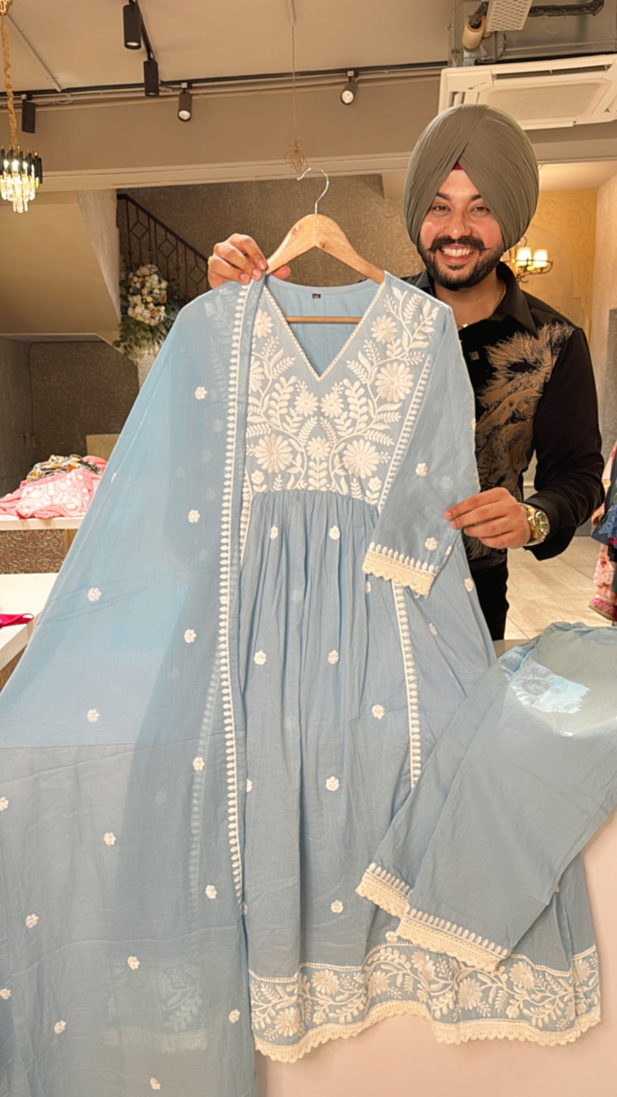 Sky Blue Heavy embroidered Mal Cotton front Gathering A-Line Suit with Mal Cotton Duppata
