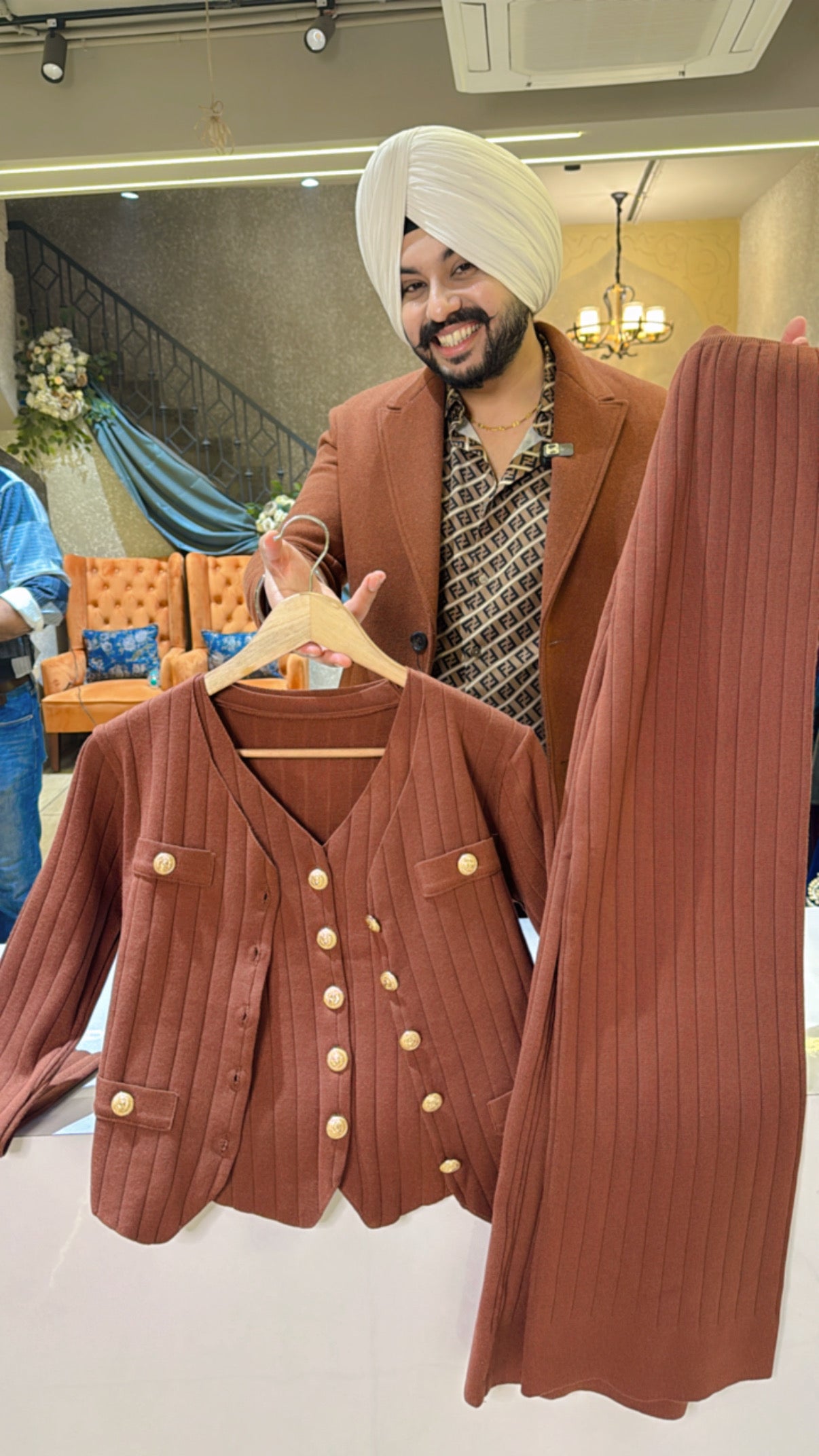 Tan Brown Imported Woolen Coord set with Woolen Jacket